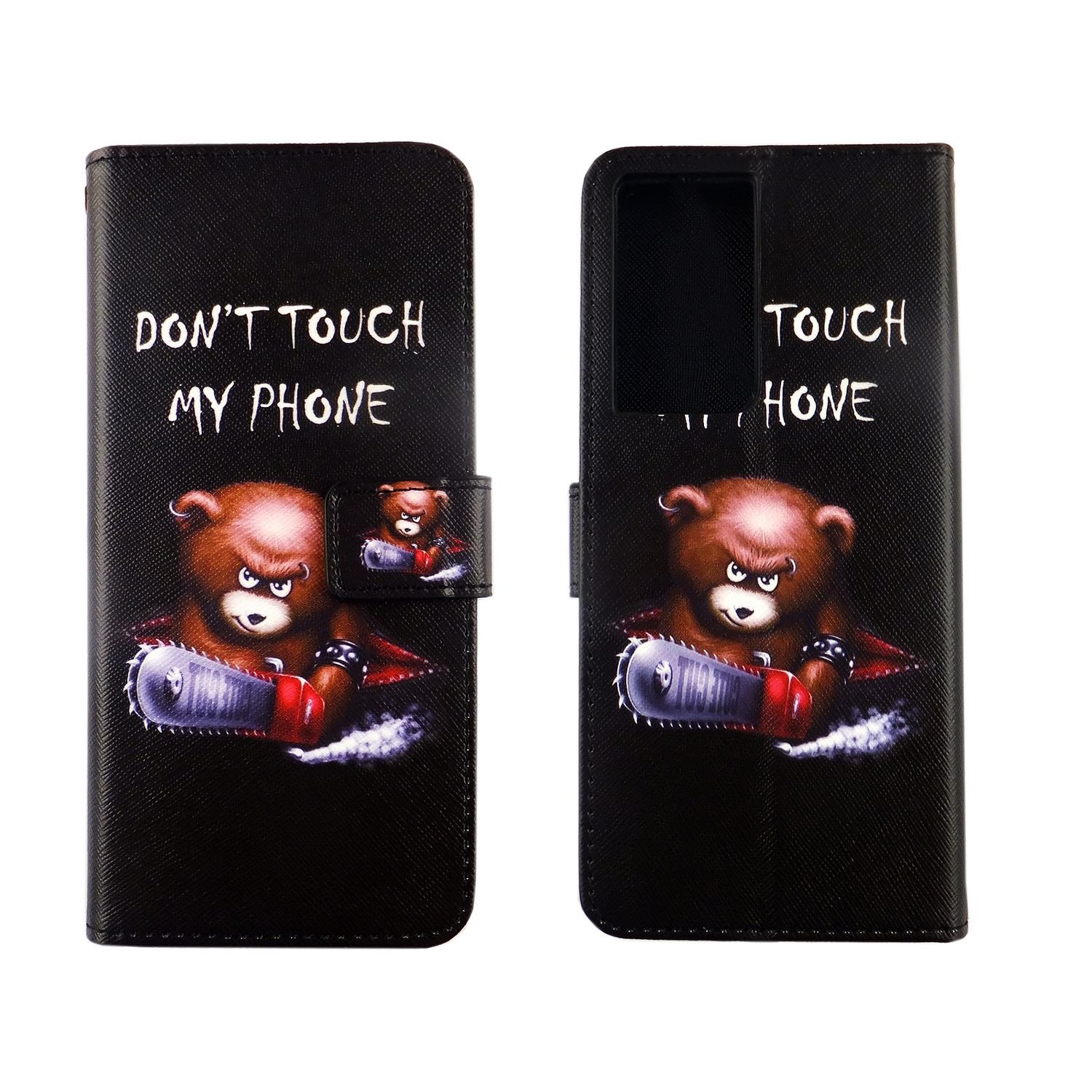 Schwarze Handyhülle mit Teddybär mit Kettensäge, Text: BERÜHRE MEIN TELEFON NICHT.
