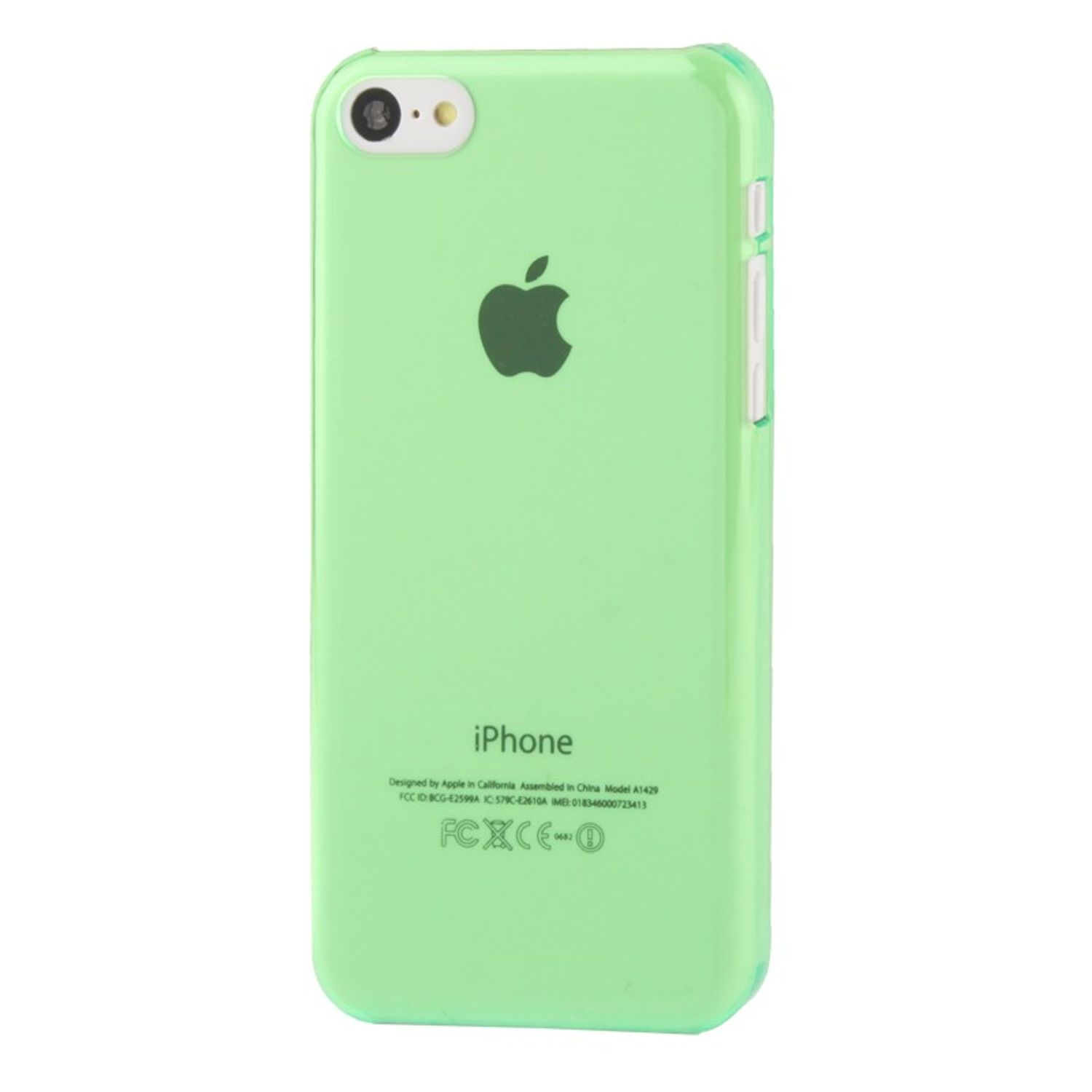 Grüne iPhone-Hülle, Rückansicht, Apple-Logo, weißer Hintergrund.