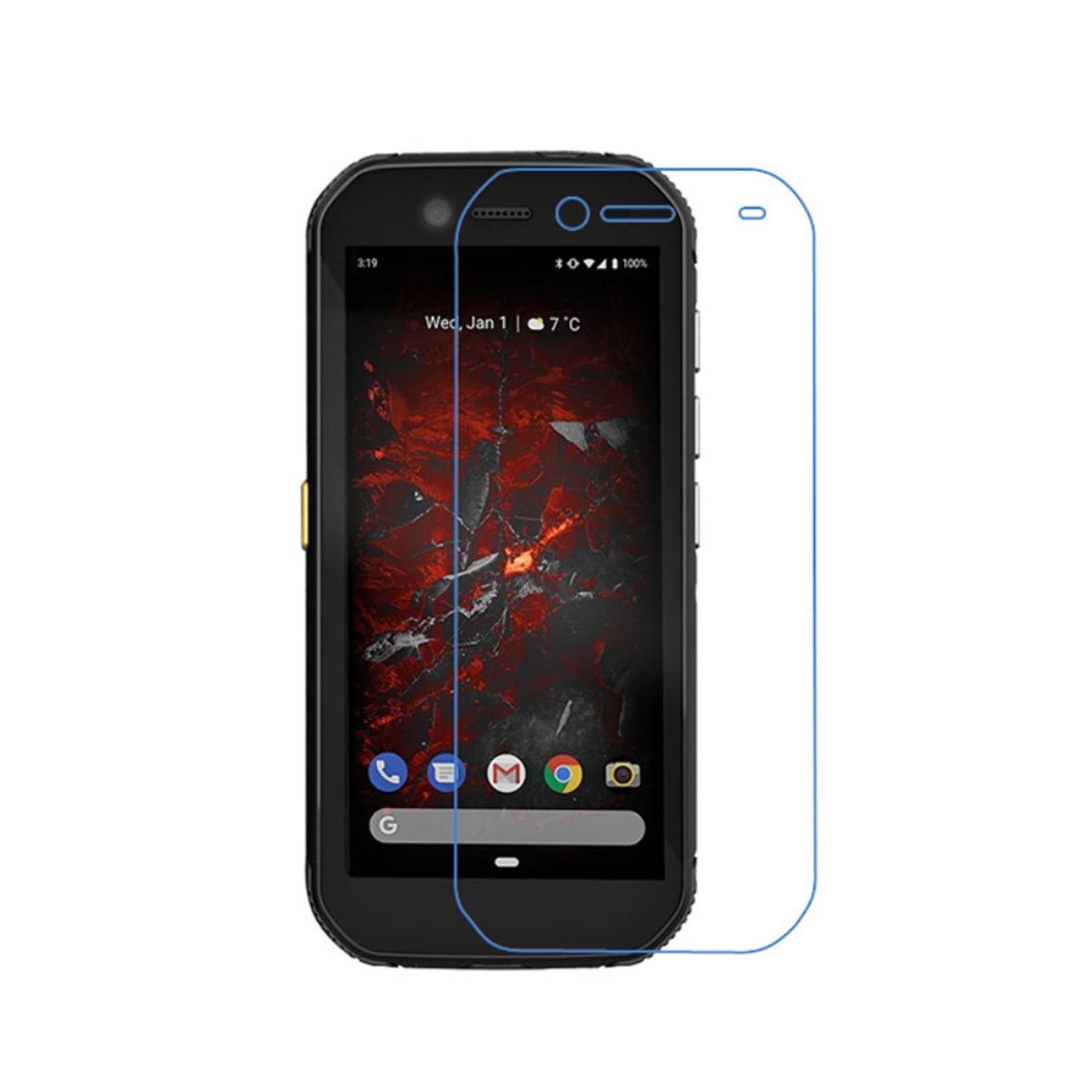 Schwarzes Telefon mit Displayschutz. Blauer Displayschutz befindet sich auf dem Telefon. Weißer Hintergrund.