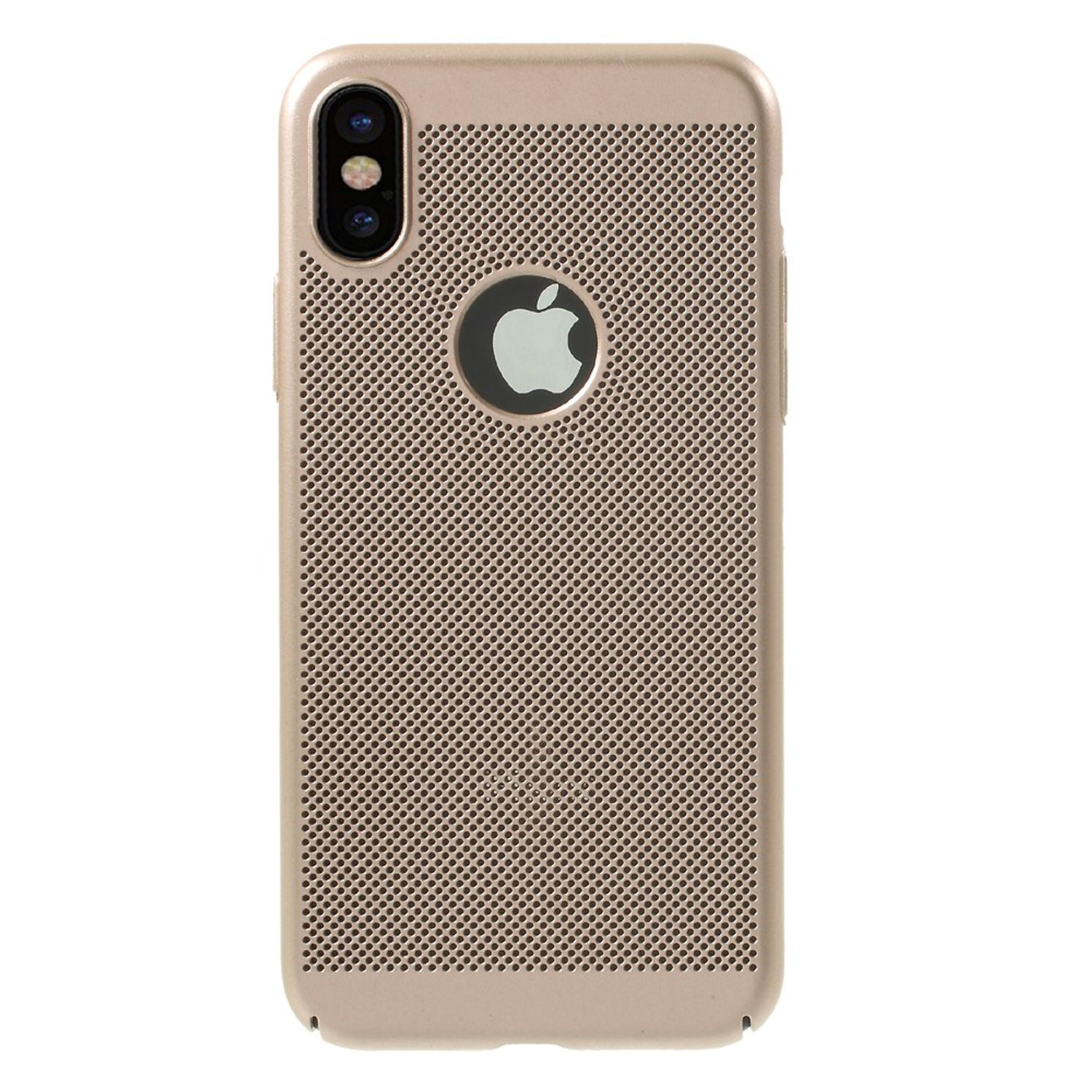 Eine goldene iPhone-Hülle mit perforierter Rückseite und dem Apple-Logo in der Mitte.