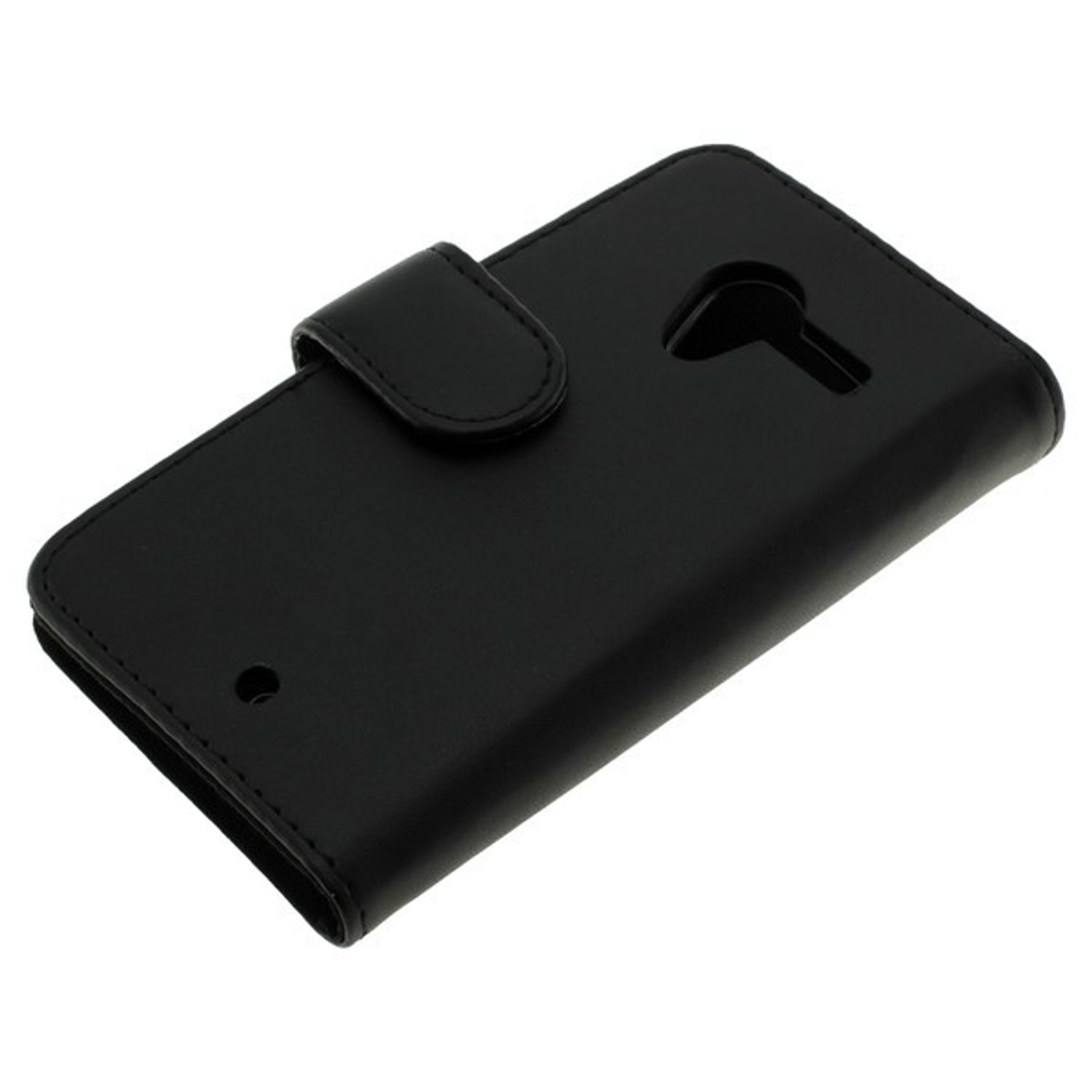 Eine schwarze Handyhülle mit Klappdeckel. Sie hat einen Magnetverschluss und einen Ausschnitt für die Handykamera.
