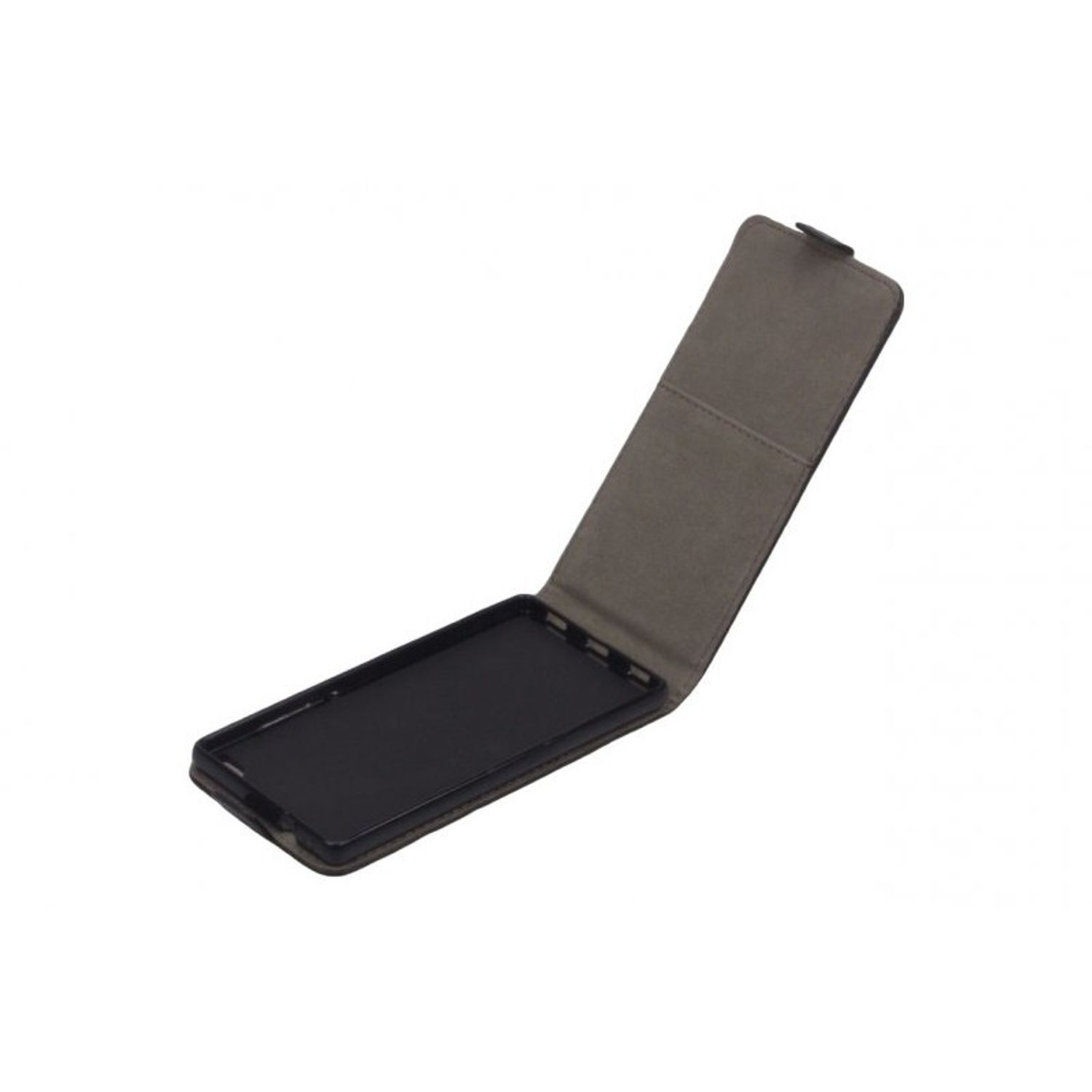 Schwarze Handyhülle, offen, zeigt das Innere. Es ist eine Flip-Style-Hülle mit dunklem Innenraum.