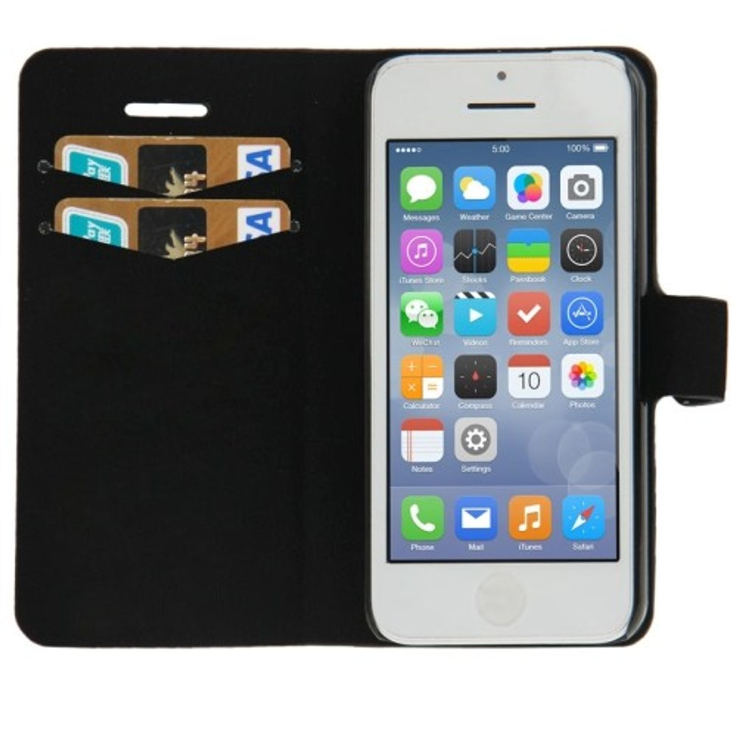 Weißes iPhone in einer schwarzen Brieftasche. Der Bildschirm zeigt App-Symbole.
