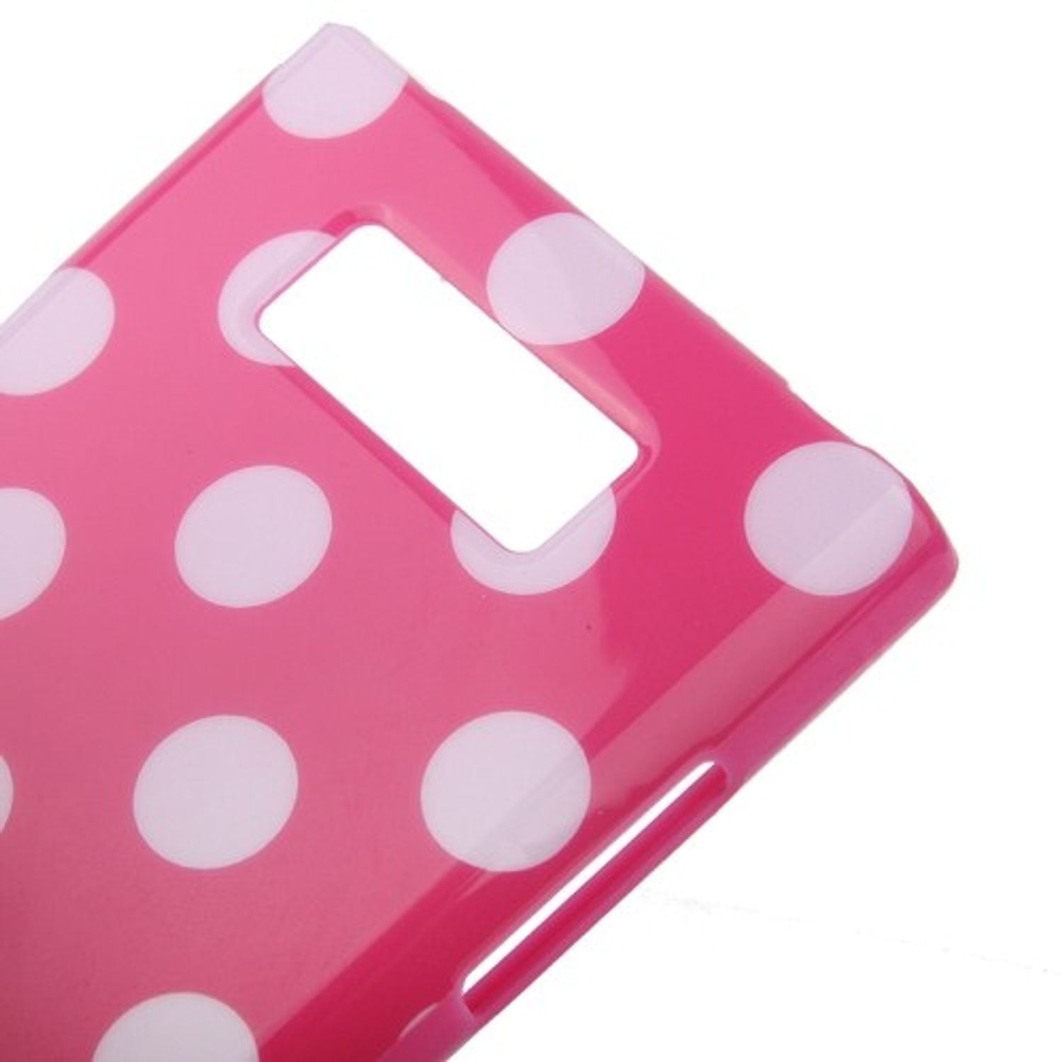 Eine pinkfarbene Handyhülle mit weißen Tupfen.