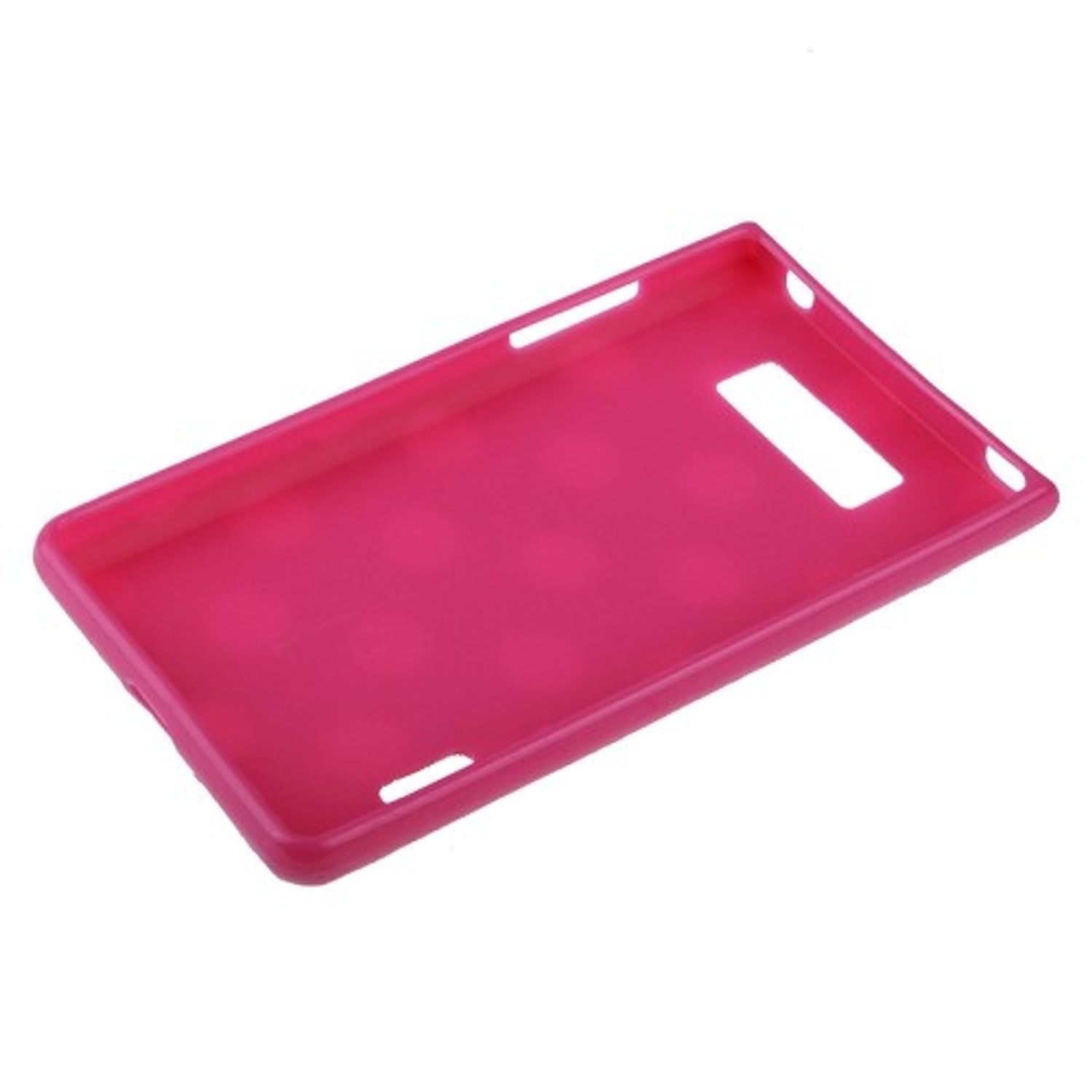 Eine leuchtend pinkfarbene Handyhülle. Es ist eine einfache, rechteckige Form mit Aussparungen.