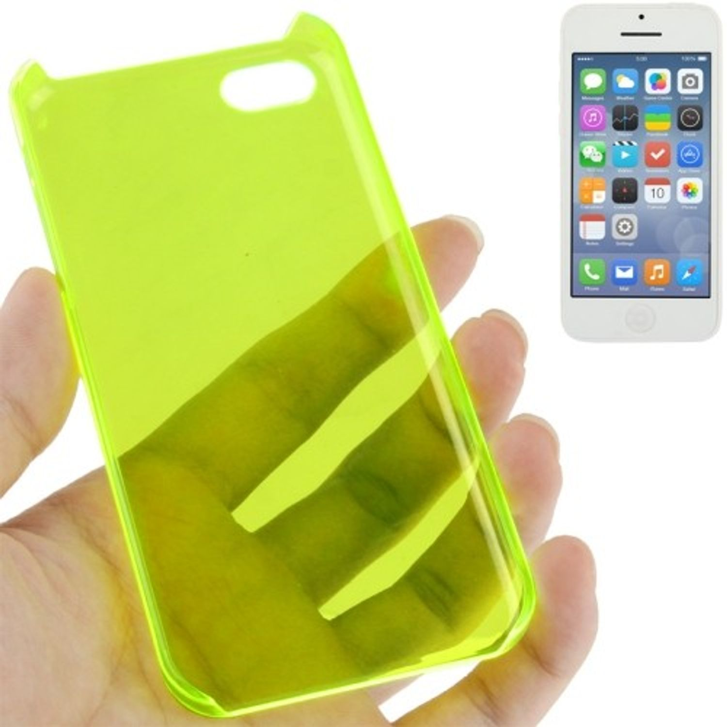 Eine Person hält eine transparente Handyhülle mit einem Telefon darin. Die Hülle ist neongrün.