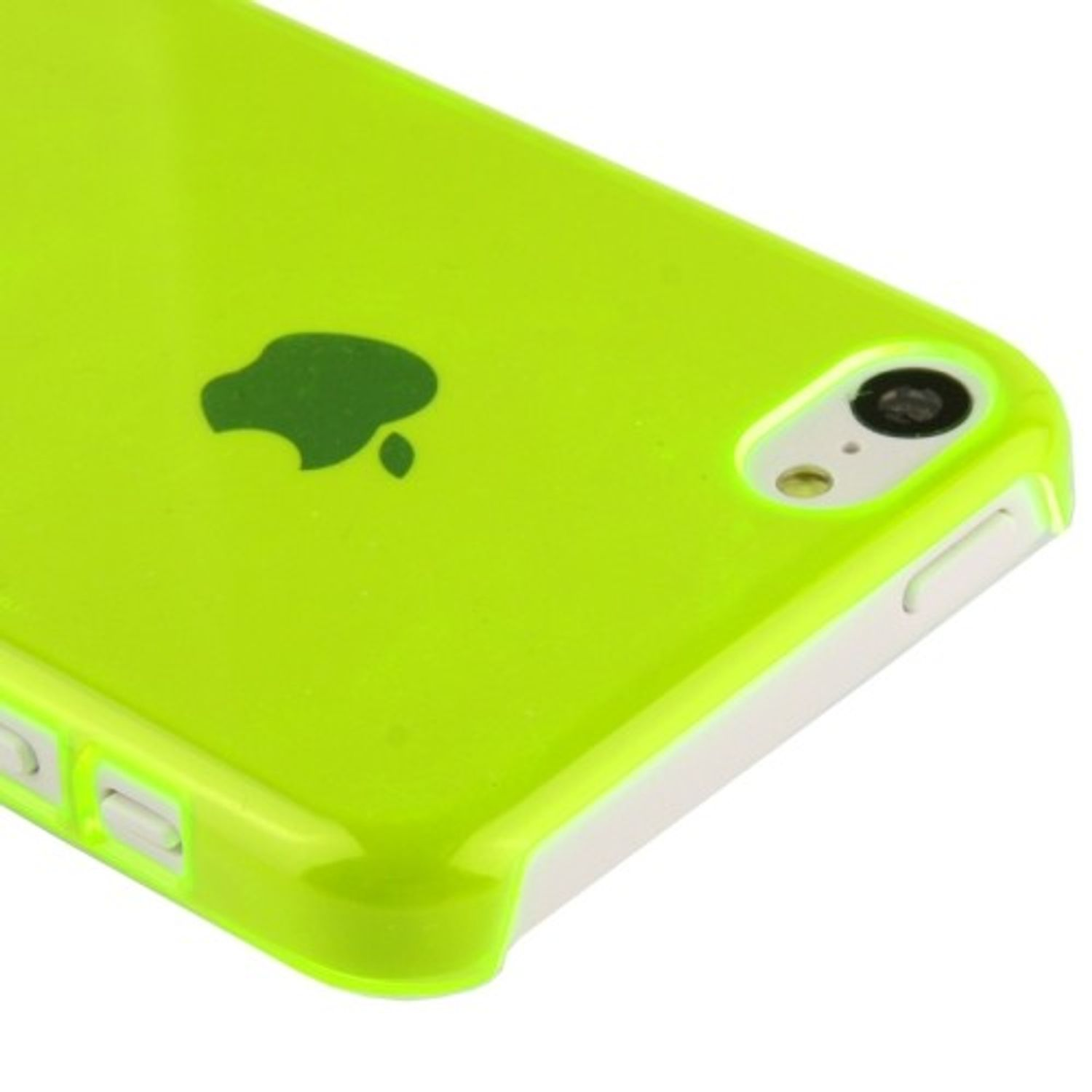 Grüne Handyhülle mit Apple-Logo. Weißer Hintergrund.