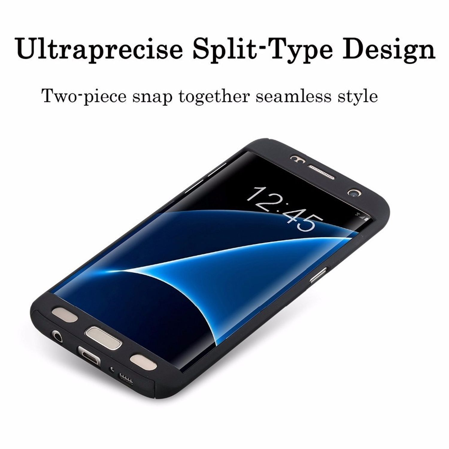 Schwarze Handyhülle. Telefon zeigt die Uhrzeit. Text: Design.