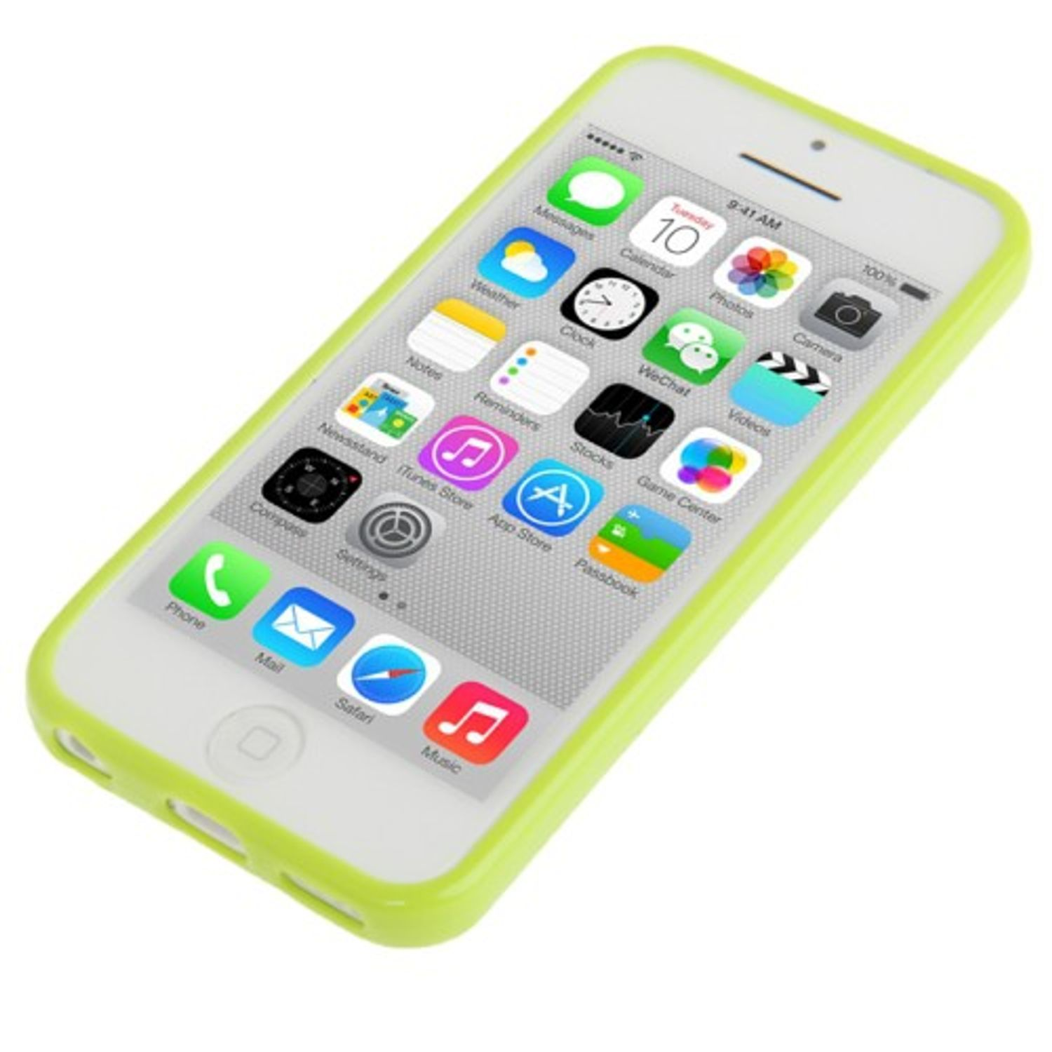 Weißes Telefon mit grüner Hülle. Das Telefon ist eingeschaltet und zeigt die App-Symbole.