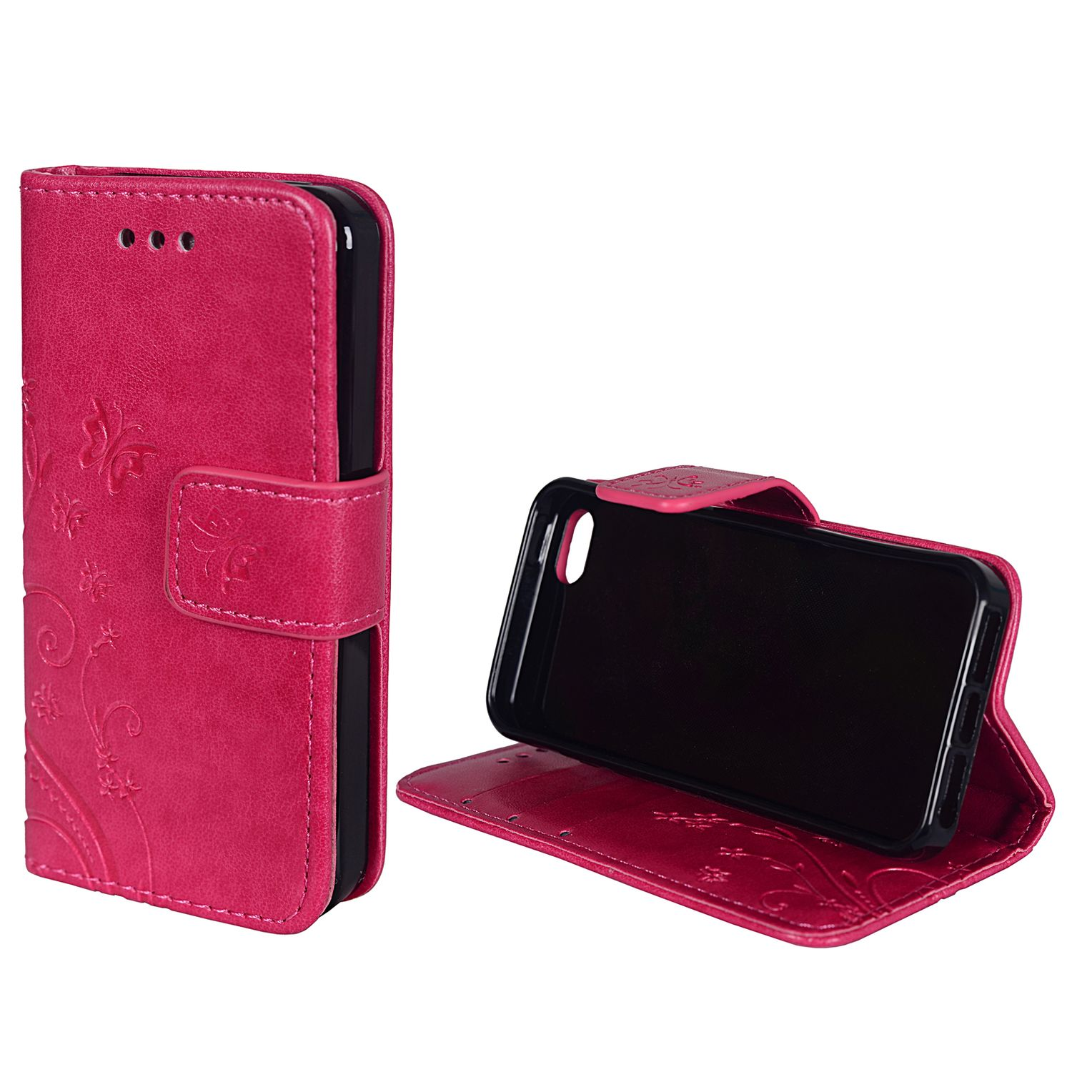 Geöffnete rosa Handyhülle mit Telefon. Blumenmuster auf der Vorderseite.