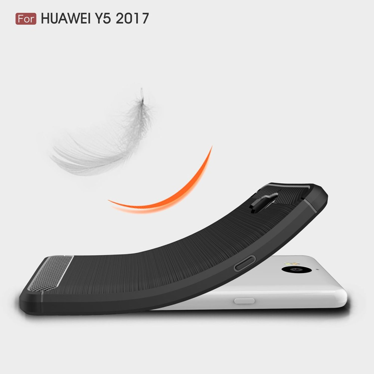 Eine Handyhülle mit schwarzem Karbonfaser-Design. Sie liegt auf einem weißen Telefon.
