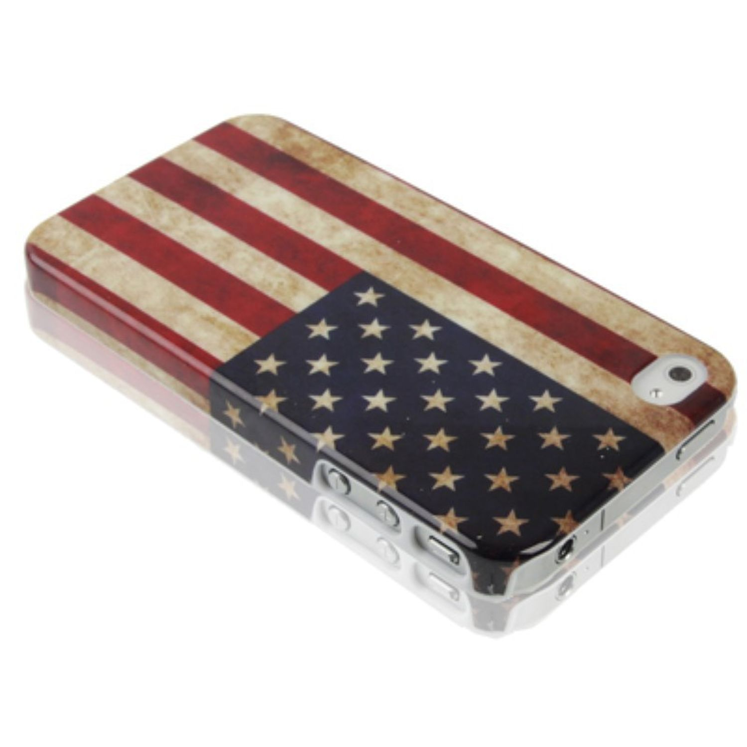 Eine Handyhülle mit dem Design der amerikanischen Flagge. Die Hülle hat eine glänzende Oberfläche und liegt auf einer weißen Oberfläche.