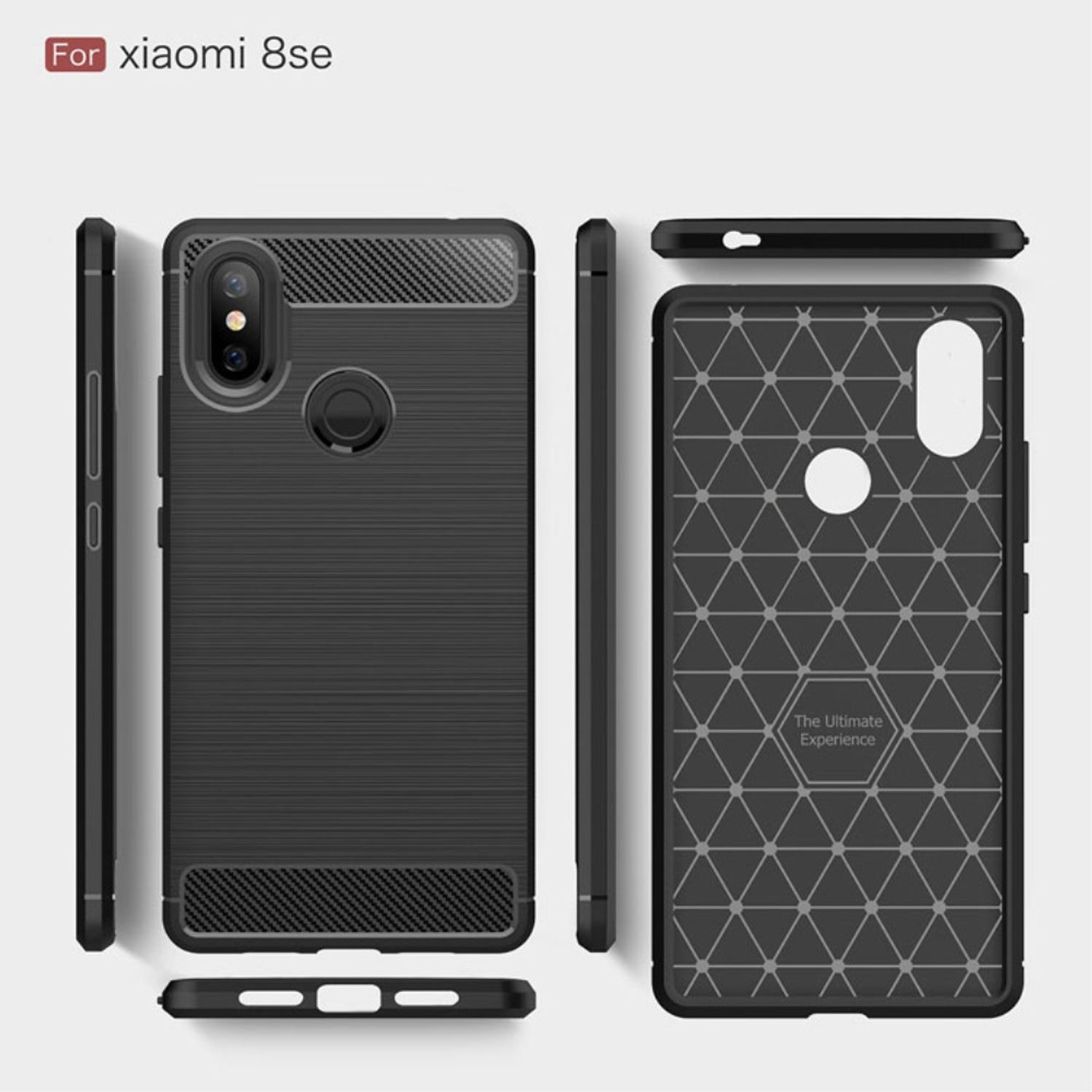 Mehrere Ansichten einer schwarzen Handyhülle mit geometrischem Design, für xiaomi 8se.