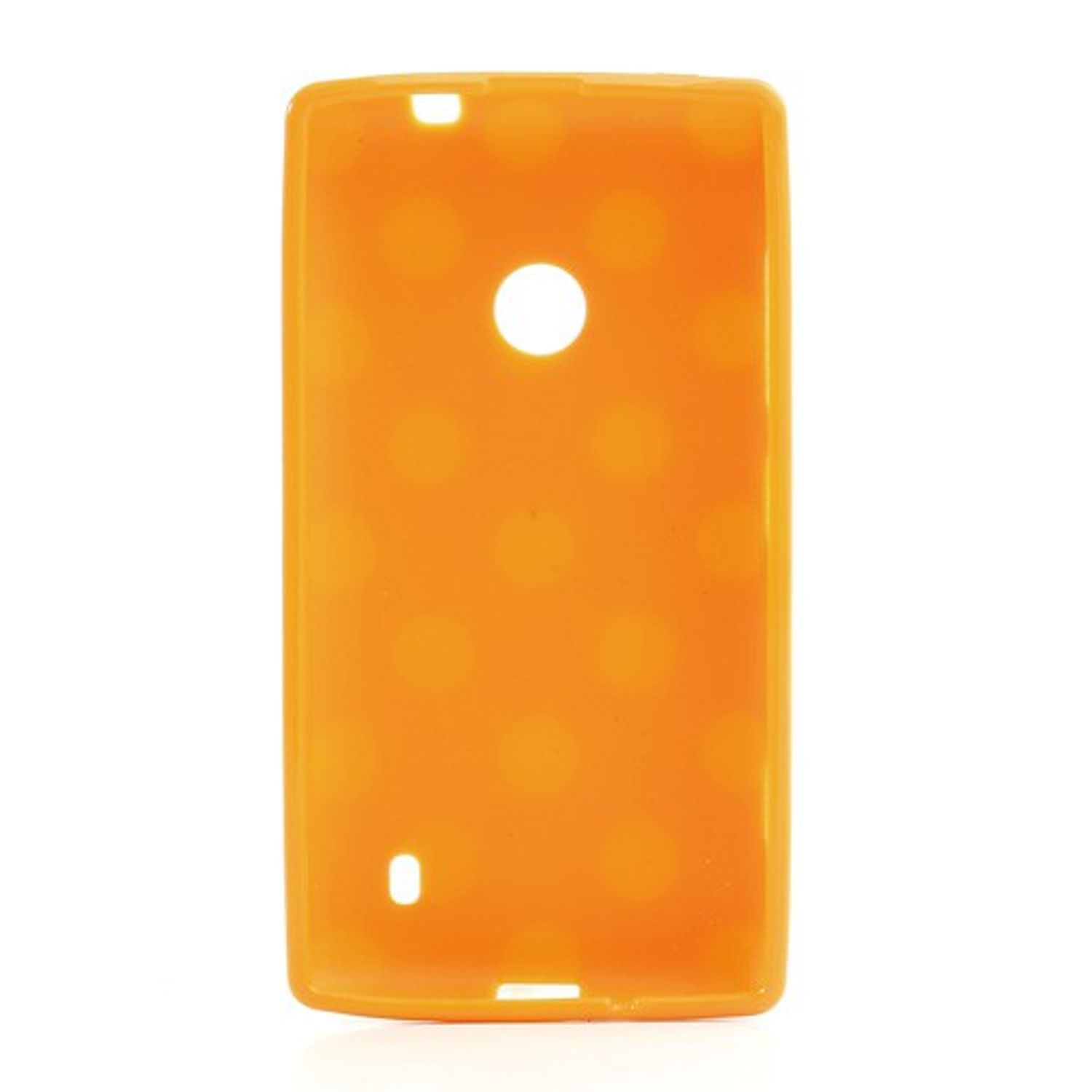 Orangefarbene Handyhülle mit weißen Punkten. Weißer Hintergrund.