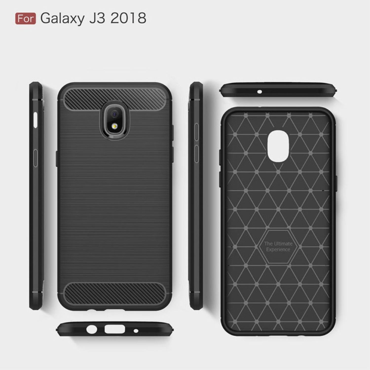 Schwarze Handyhülle mit strukturiertem Design, aus mehreren Winkeln betrachtet. Die Hülle ist für ein Galaxy J3 2018-Modell.