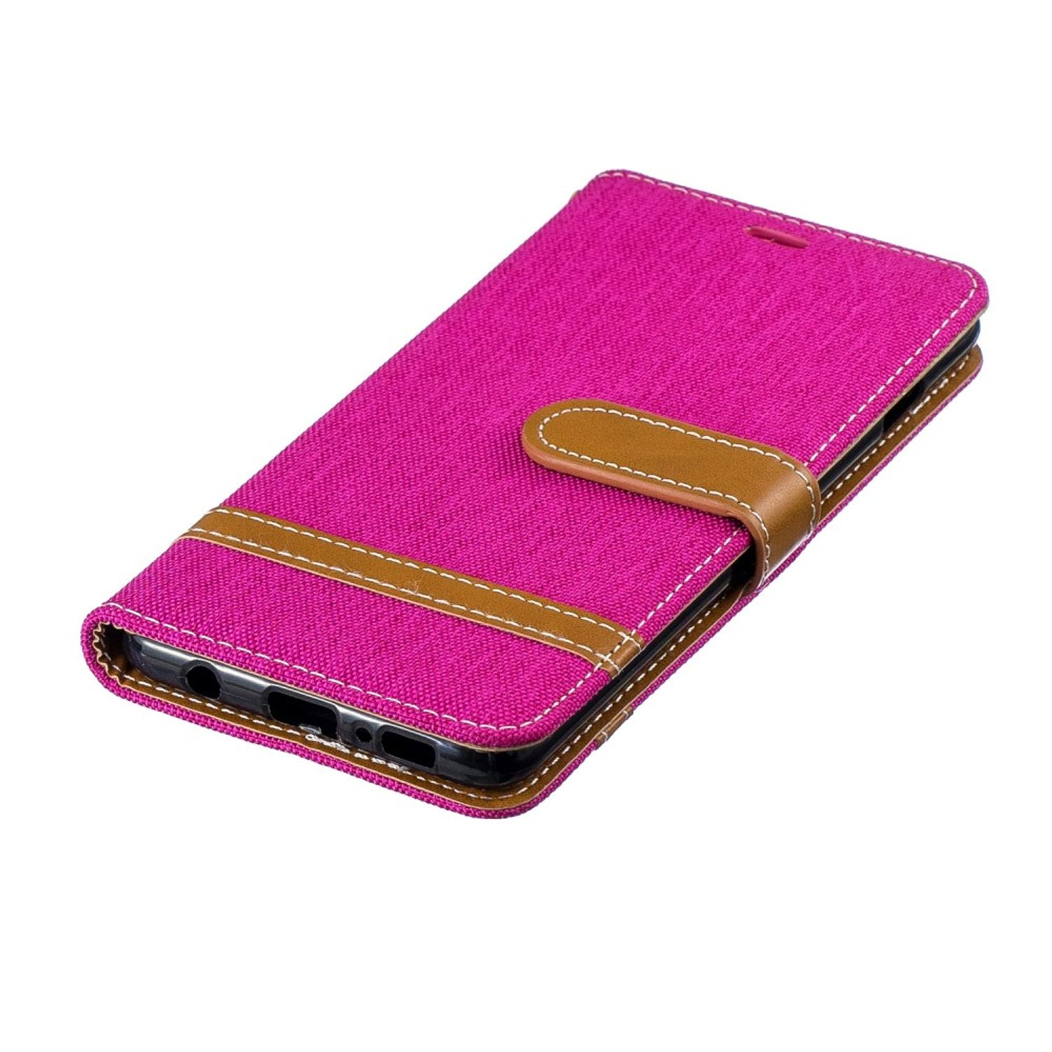 Eine rosa Stoff-Handyhülle mit braunem Riemen wird geschlossen gezeigt. Der Hintergrund ist weiß.
