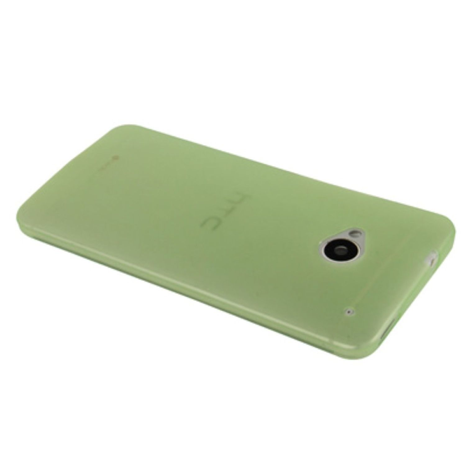 Grüne HTC-Handyhülle. Kamera und Telefon sichtbar. Weißer Hintergrund.