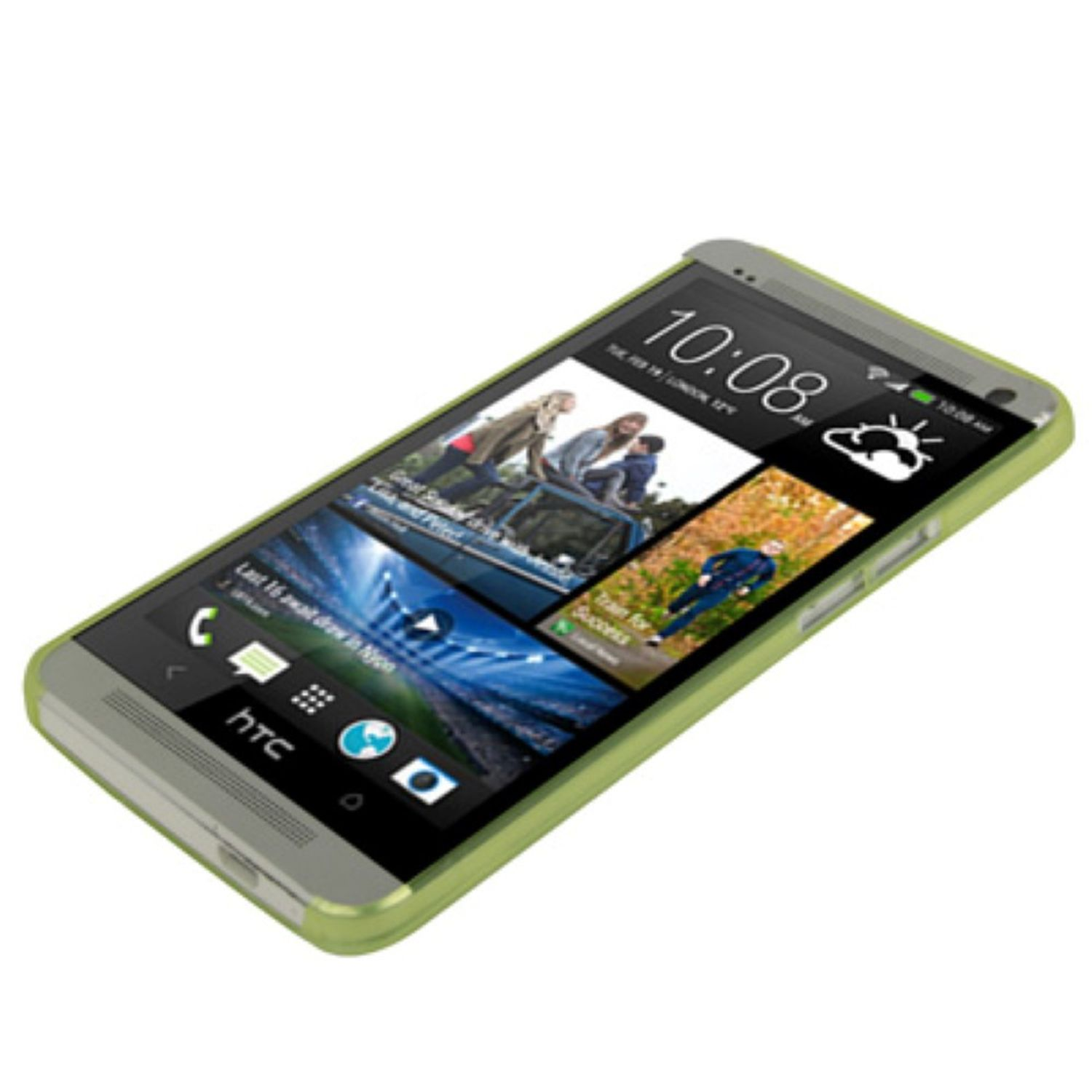 HTC-Telefon in einem grünen Gehäuse. Der Bildschirm zeigt eine Wetter-App und weitere Infos.