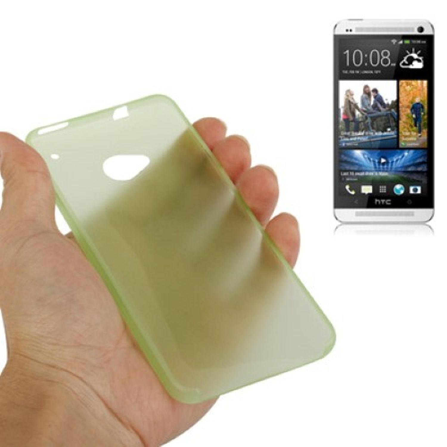 Eine Hand, die ein Telefon neben einer grünen Handyhülle hält. Das Telefon zeigt die Uhrzeit an.