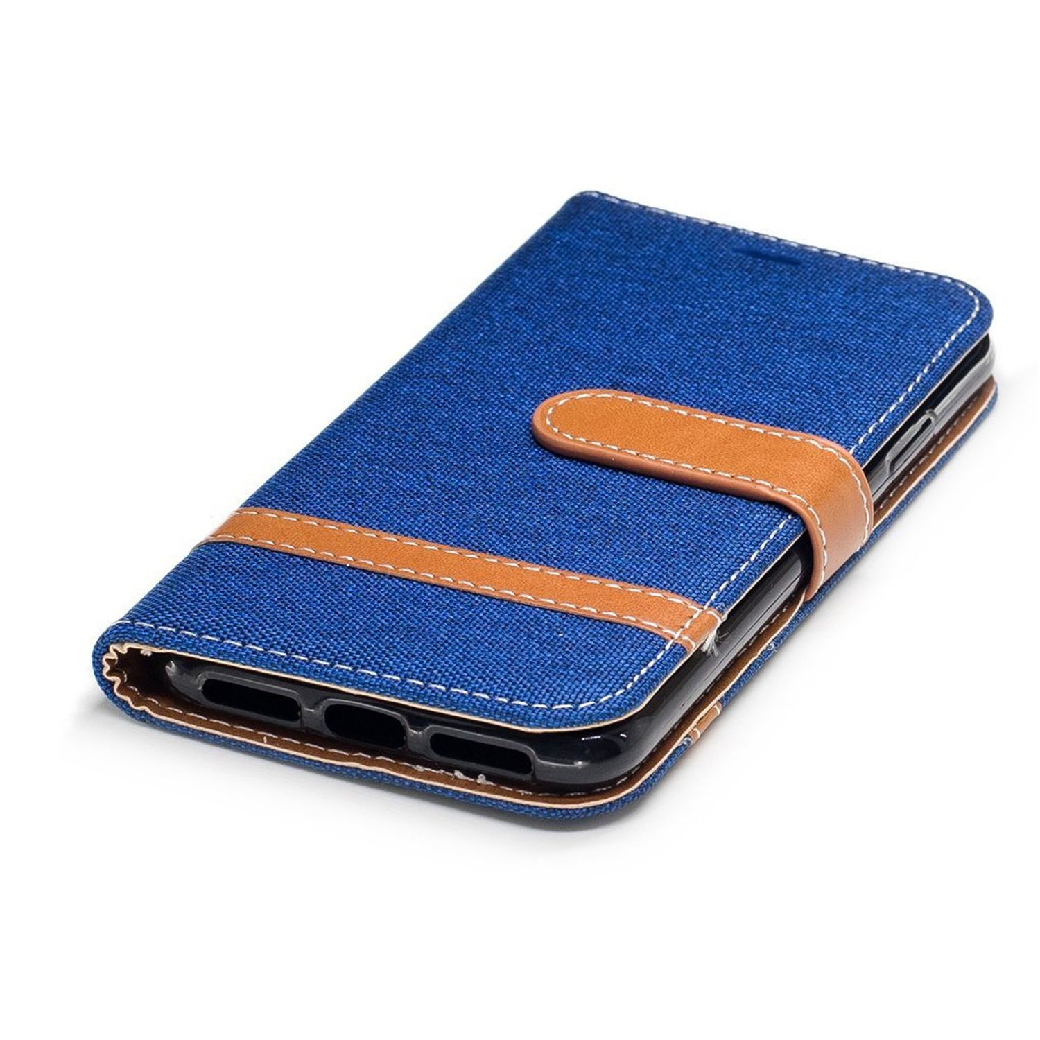 Eine blaue Handyhülle mit einem braunen Lederriemen. Das Telefon ist darin.