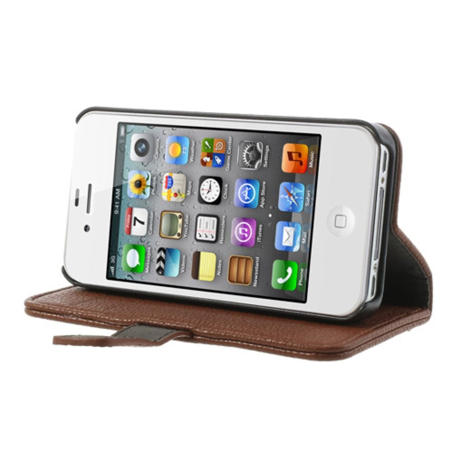 Ein Telefon in einer braunen Leder-Handyhülle. Die Hülle ist offen. Das Telefon zeigt App-Symbole auf dem Bildschirm an.