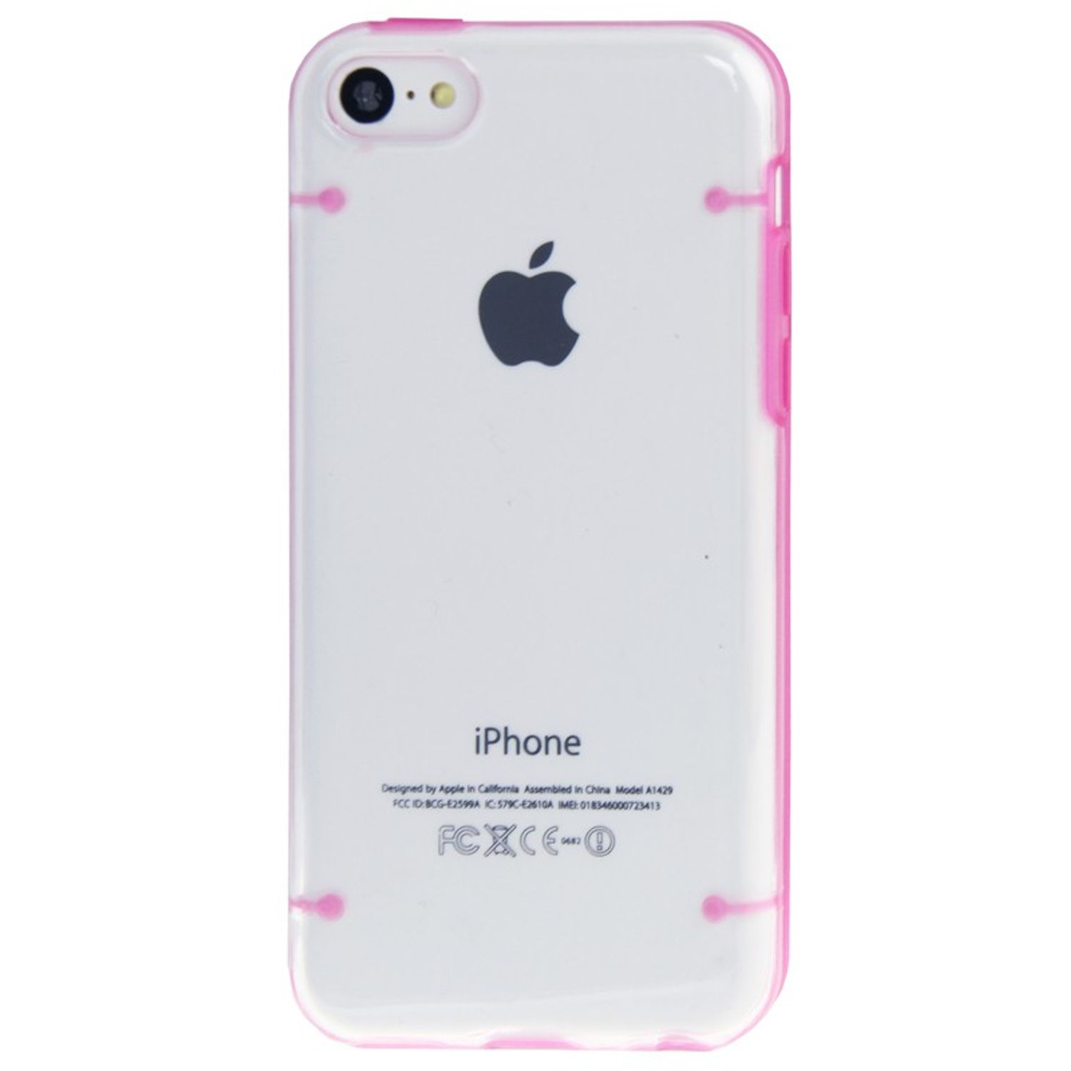 Rosa iPhone-Hülle, Rückansicht, Apple-Logo, weißer Hintergrund, rosa Akzente.