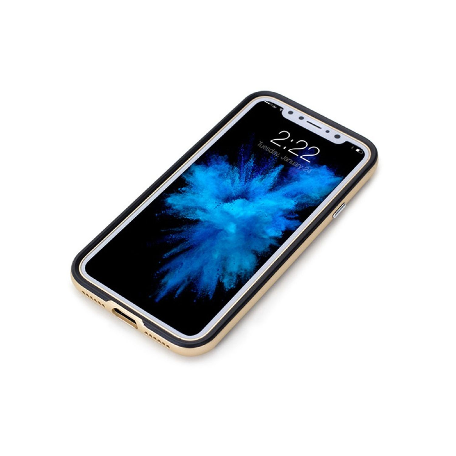 Ein Telefon auf weißem Untergrund in einer gold-schwarzen Hülle. Der Bildschirm zeigt die Uhrzeit.