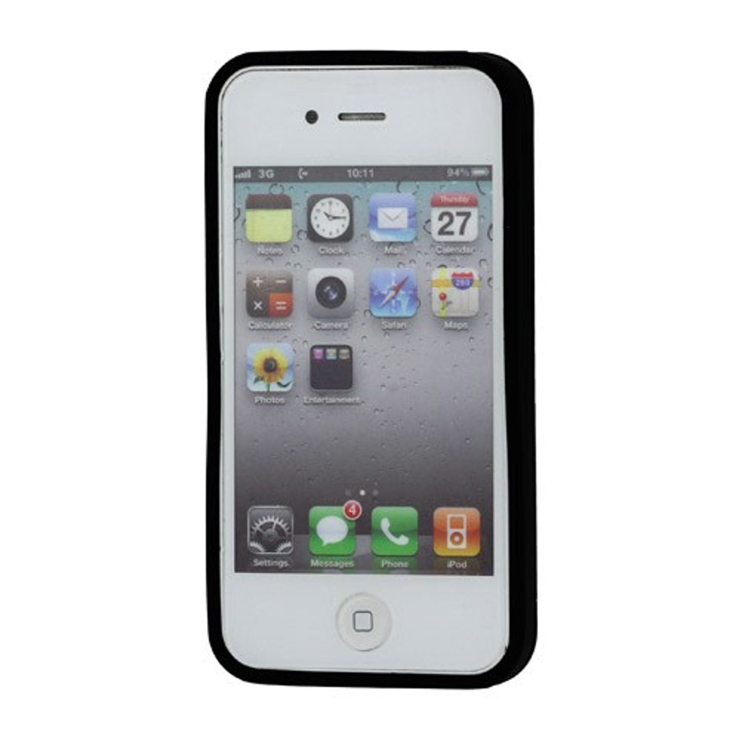 Weißes iPhone in schwarzer Hülle, Startbildschirm mit App-Symbolen.