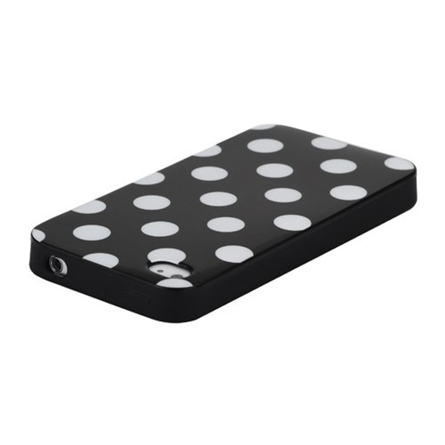 Schwarze Handyhülle mit weißen Punkten. Die Hülle ist glänzend und hat Löcher für das Telefon.
