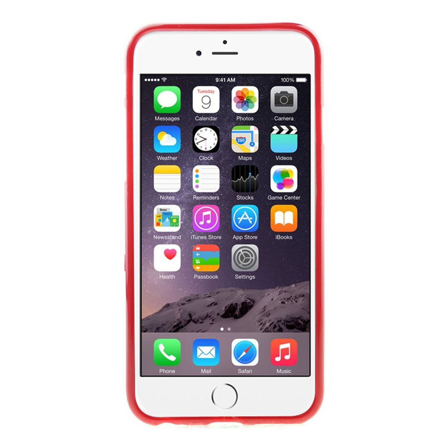 Weißes iPhone mit roter Hülle, Startbildschirm mit Apps und Uhrzeit.