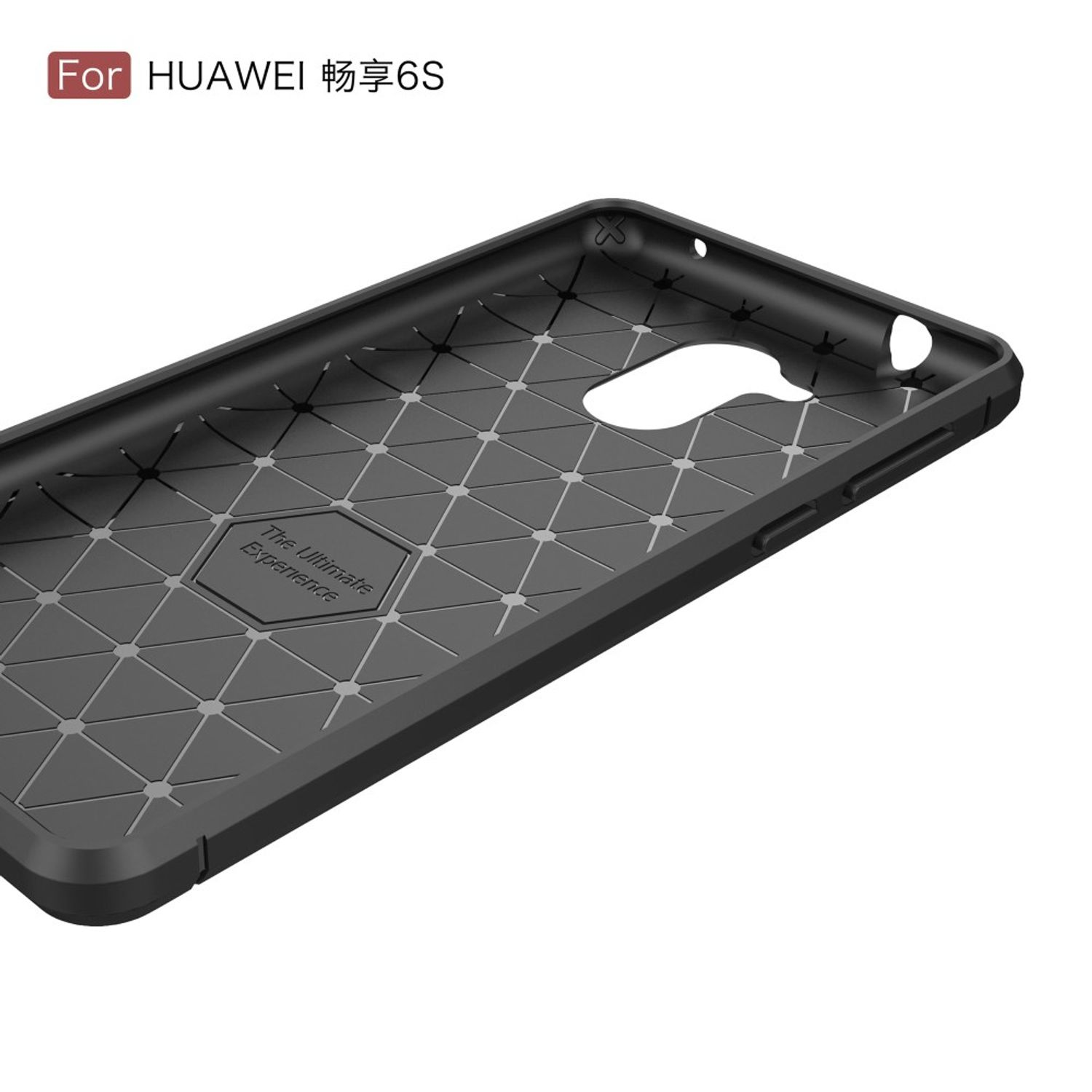 Schwarze Handyhülle, Marke Huawei. Diamantmuster. Weißer Hintergrund.