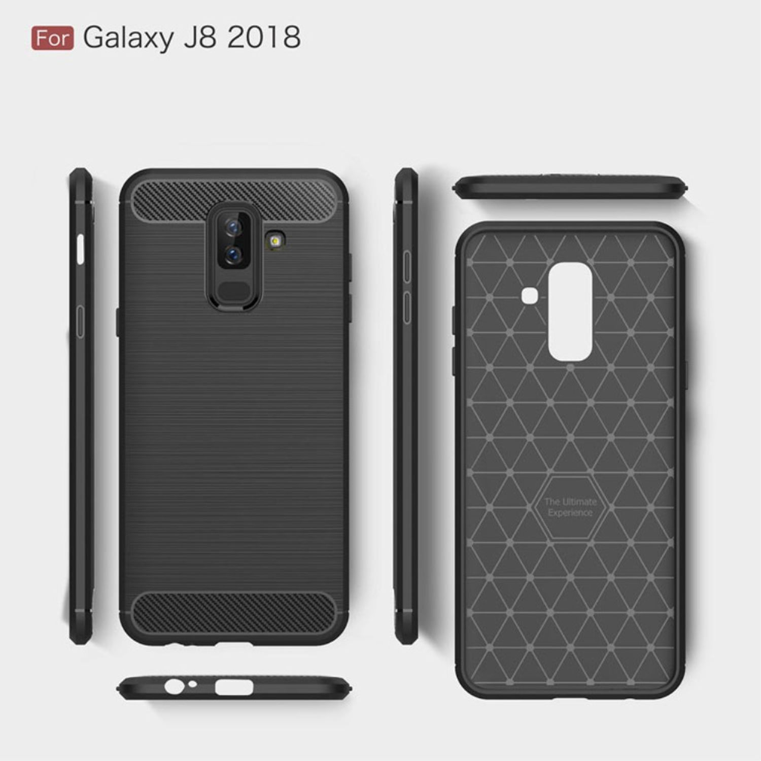 Eine schwarze Handyhülle aus verschiedenen Blickwinkeln. Es ist eine Hülle für ein Galaxy J8 2018.