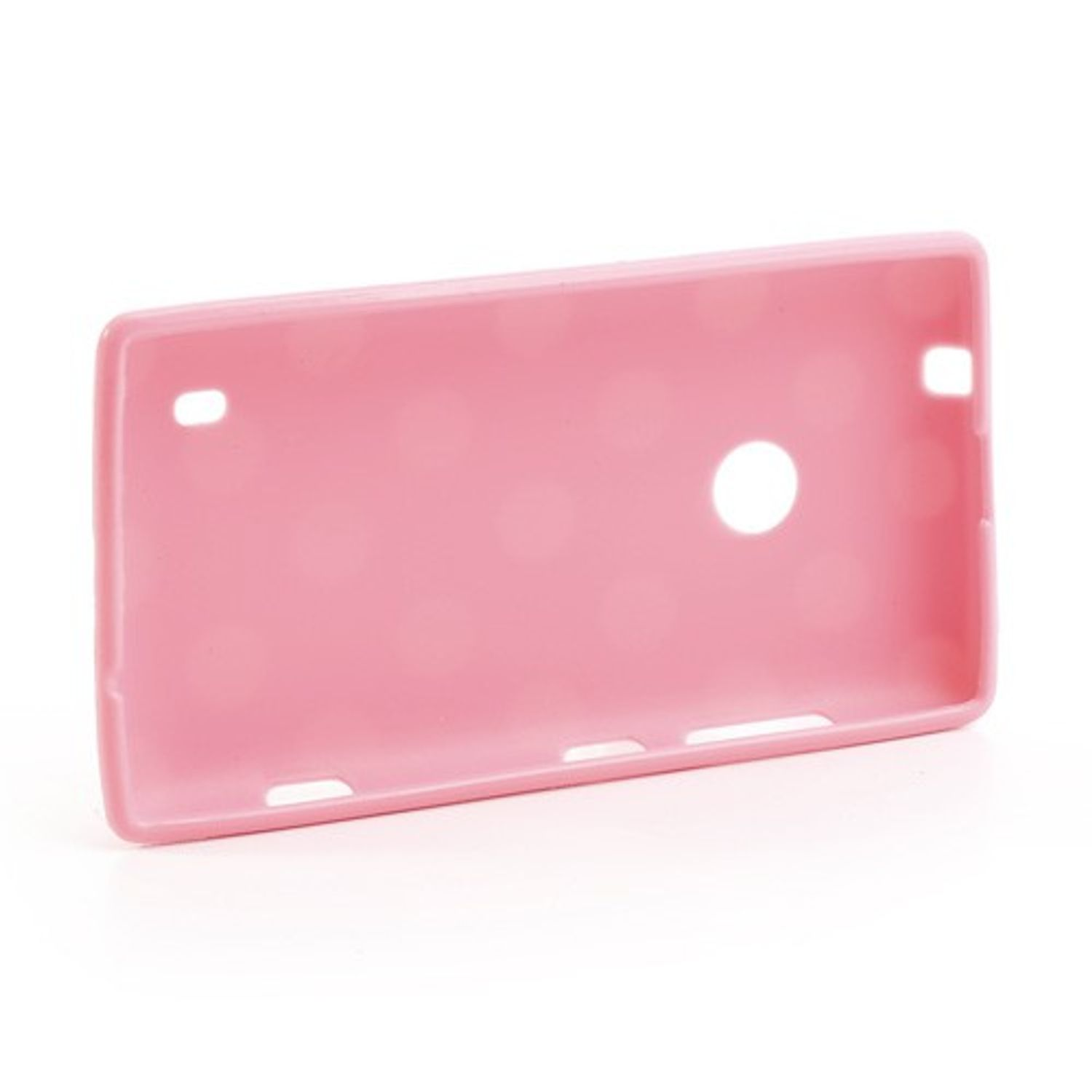 Eine rosa Handyhülle mit Löchern für die Kamera und andere Funktionen auf weißem Hintergrund.