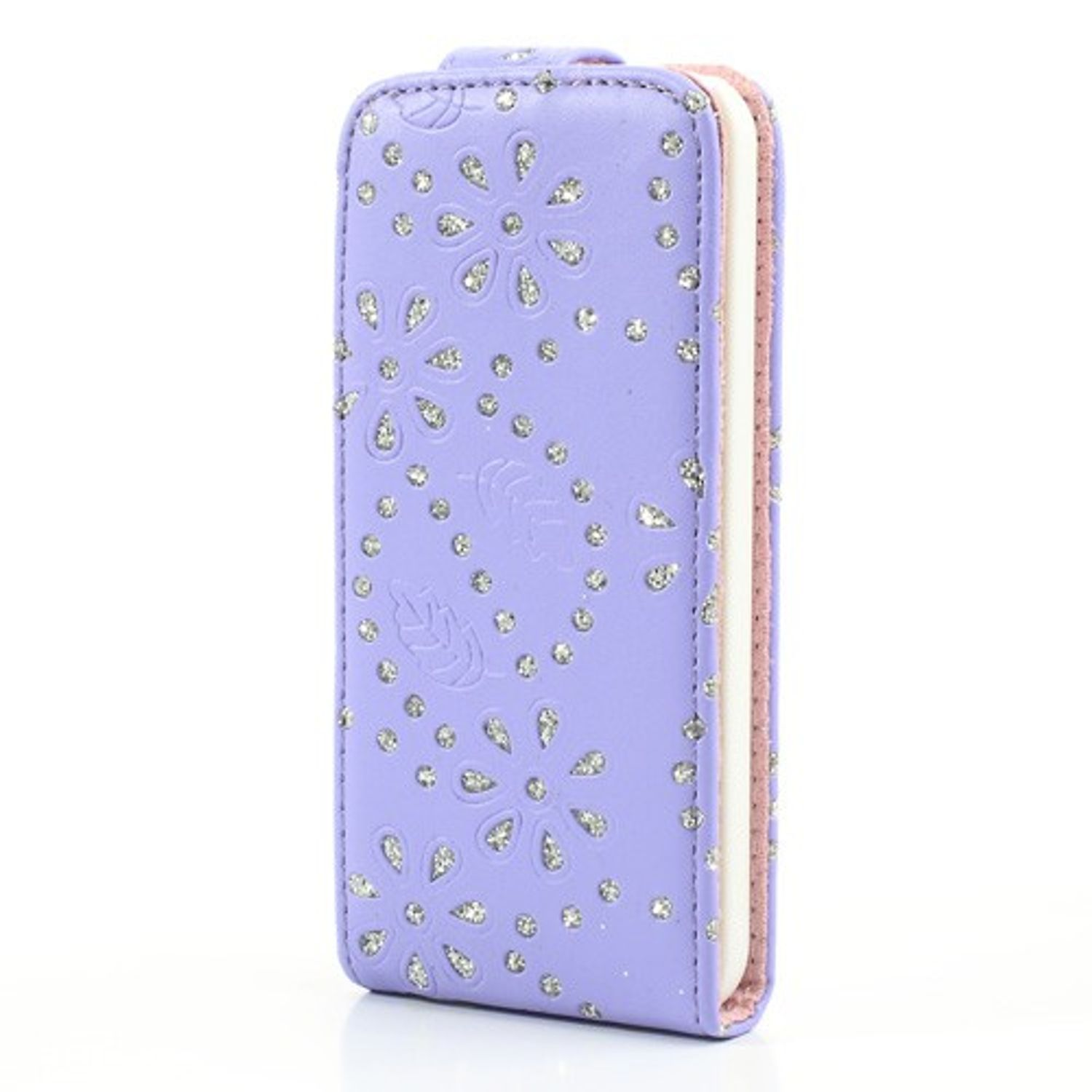 Eine lavendelfarbene Handyhülle mit floralen und Glitzerdetails. Der Koffer ist geschlossen.