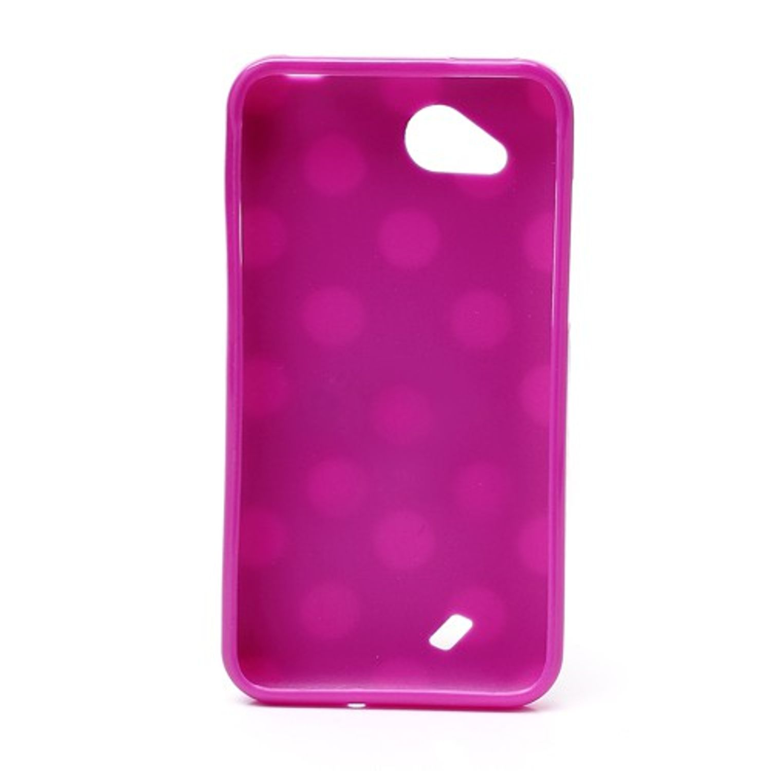 Lila Handyhülle mit Polka-Dots. Es hat Aussparungen für Kamera und Knöpfe.