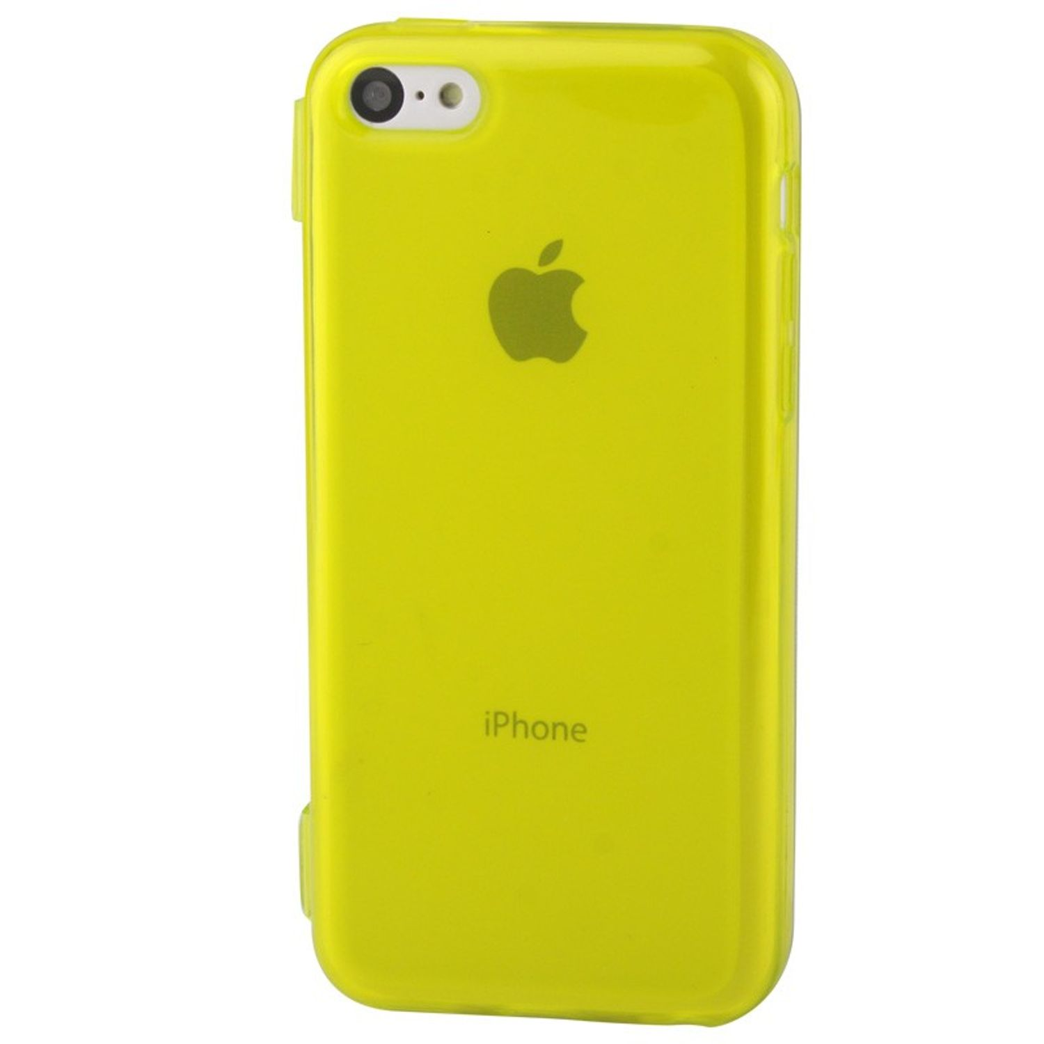 Ein gelbes iPhone wird gezeigt. Die Rückseite hat das Apple-Logo und das Wort 'iPhone'. Weißer Hintergrund.