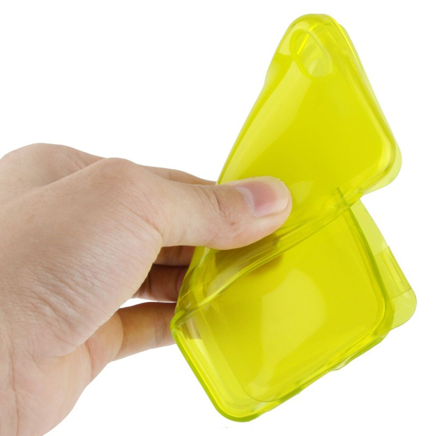 Hand hält gelbe transparente Handyhülle, flexibel, mit abgerundeten Ecken und Kanten.
