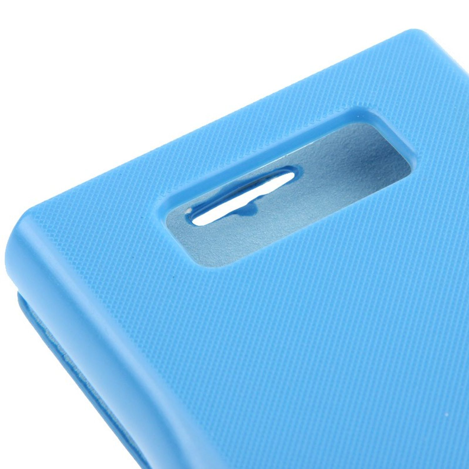Eine blaue Handyhülle mit rechteckigem Ausschnitt und strukturierter Oberfläche.
