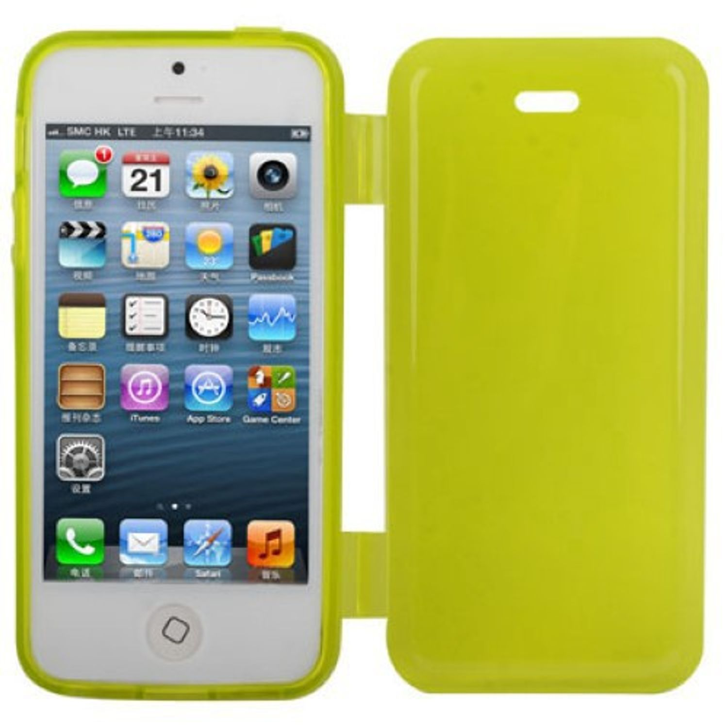 iPhone in einer limettengrünen Klapphülle. Der Bildschirm zeigt Symbole. Weißer Hintergrund.