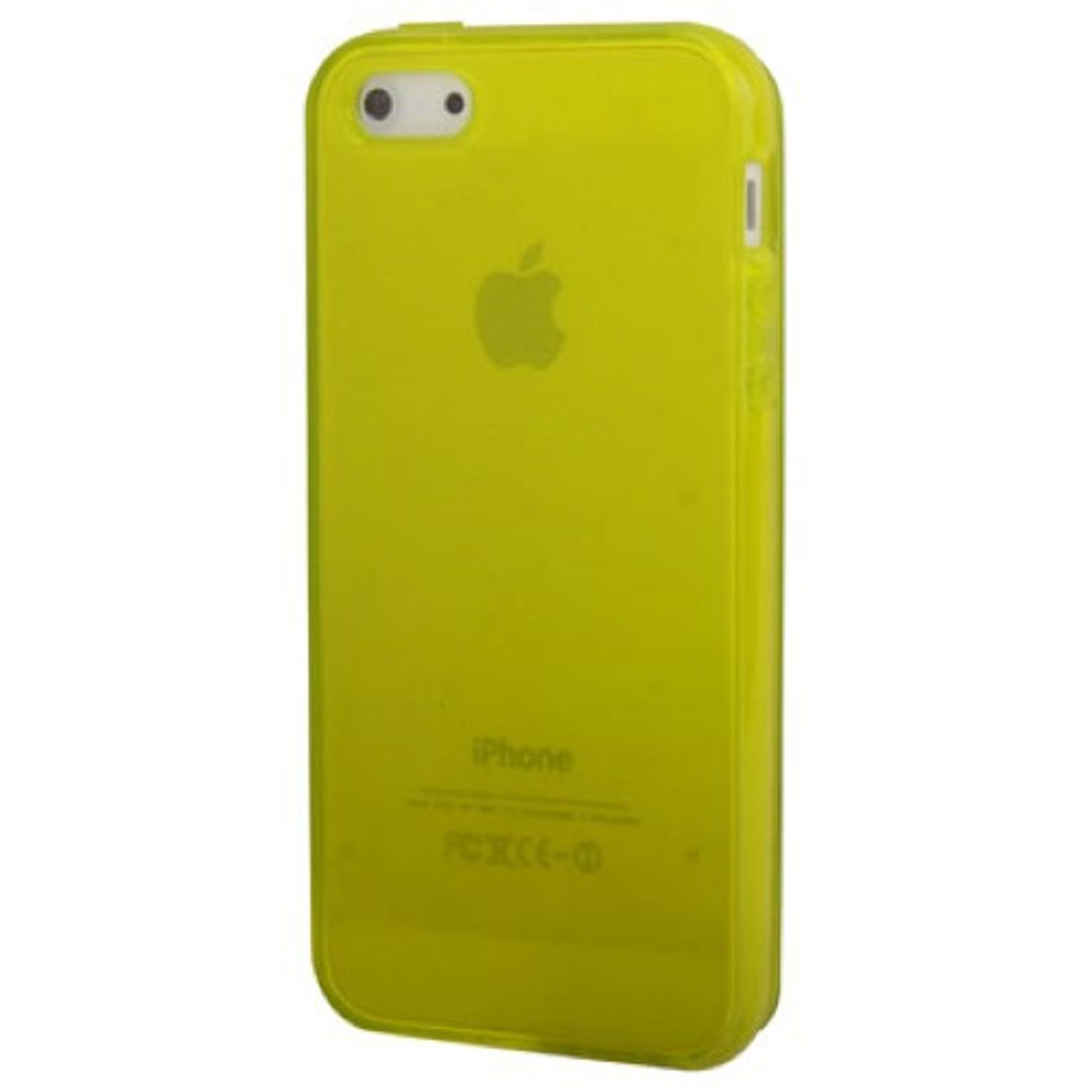 Gelbe iPhone-Hülle mit dem Apple-Logo. Das Telefon ist gelb und hat ein weißes Apple-Logo.