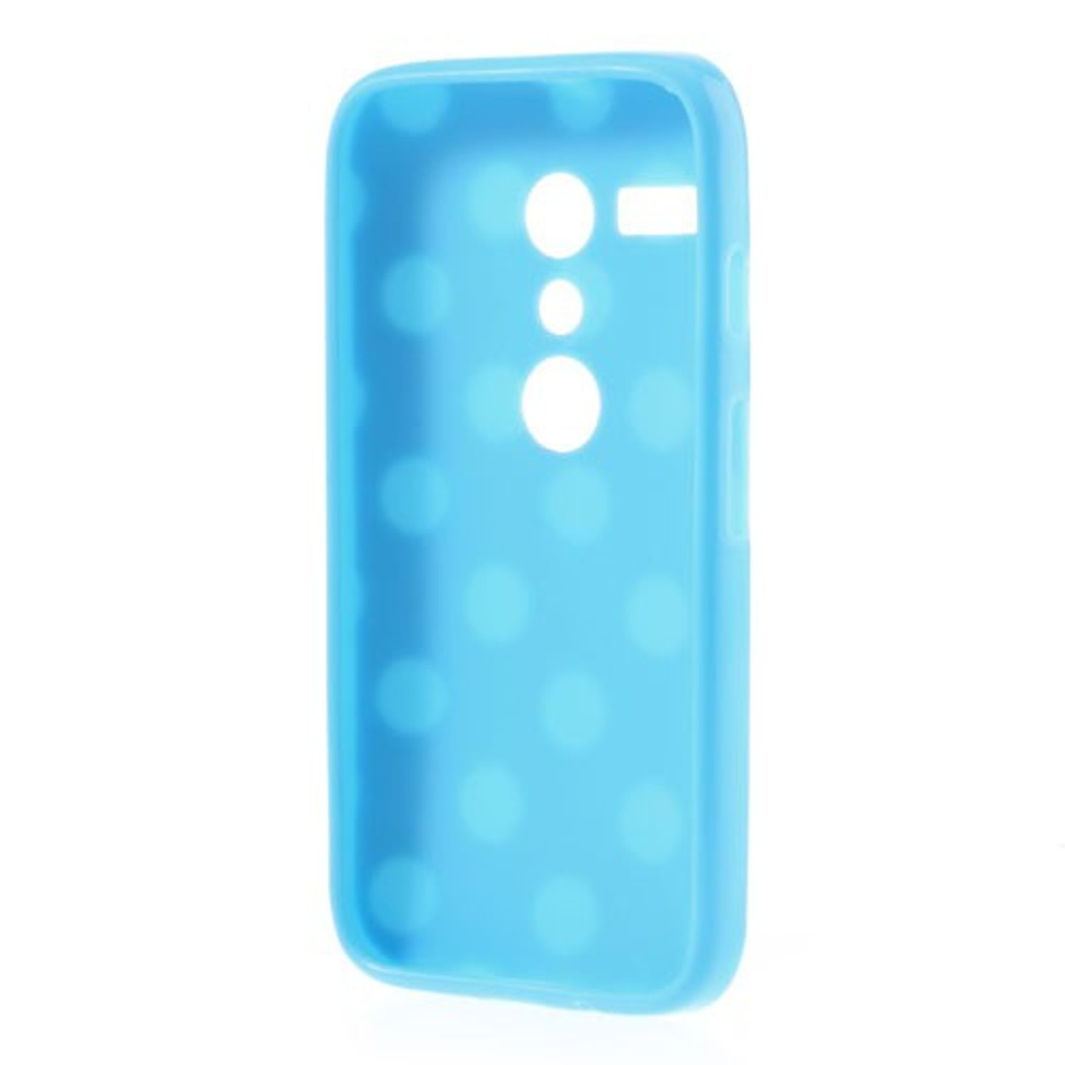 Eine blaue Handyhülle mit weißen Tupfen. Die Hülle hat Aussparungen für Knöpfe.
