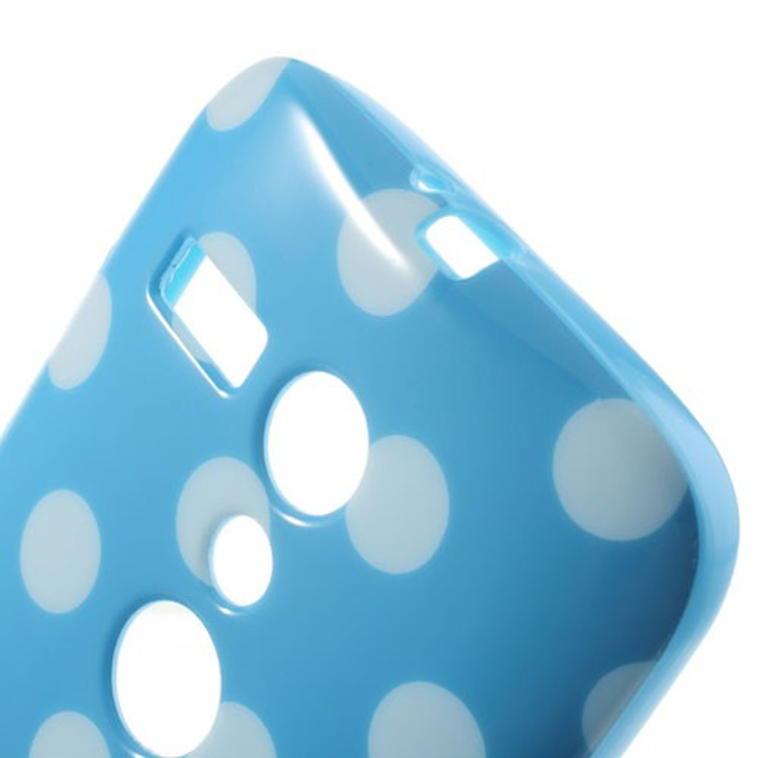 Blaue Handyhülle mit weißen Punkten, schräge Ansicht. Die Hülle hat ein glänzendes Aussehen.