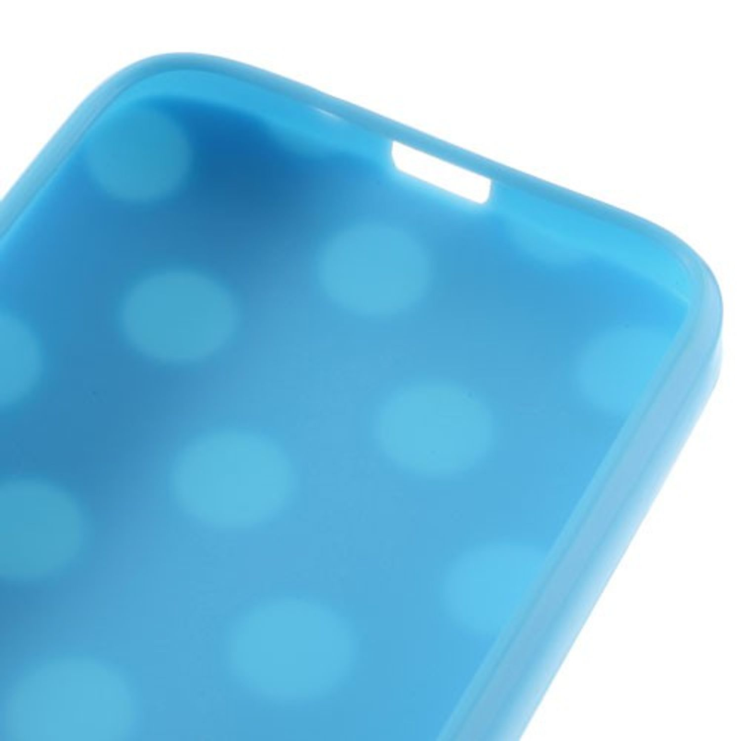 Blaue Handyhülle mit weißen Tupfen, zeigt die Innenform und Aussparungen für ein Telefon.