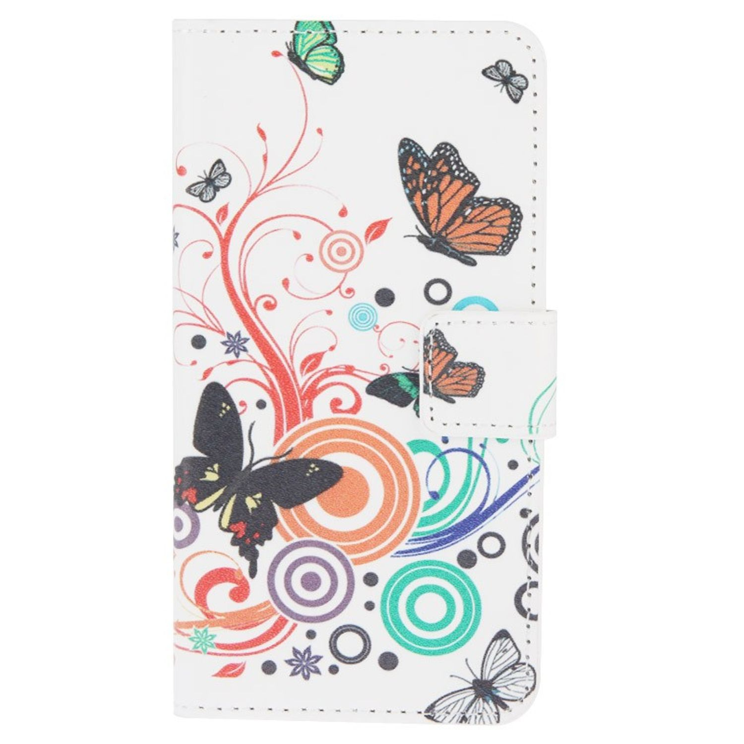 Handyhülle mit Schmetterlingen und Blumen. Weißer Hintergrund. Hülle ist offen. Buntes Design.