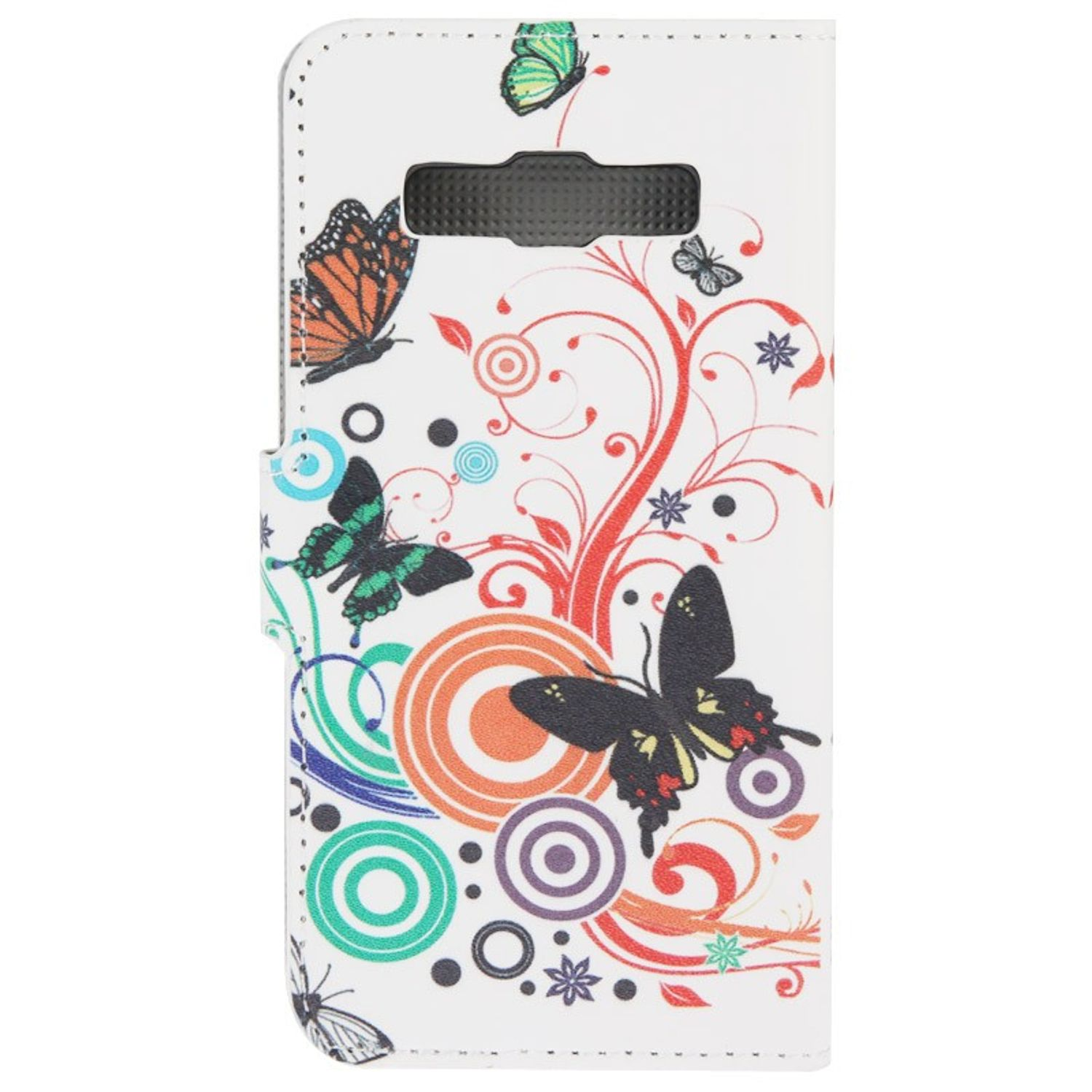 Weiße Handyhülle mit bunten Schmetterlingen und floralen Designs.