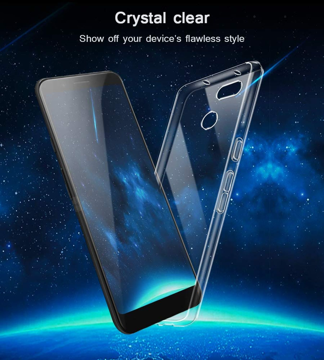Transparente Handyhülle und Telefon vor Weltraumhintergrund.