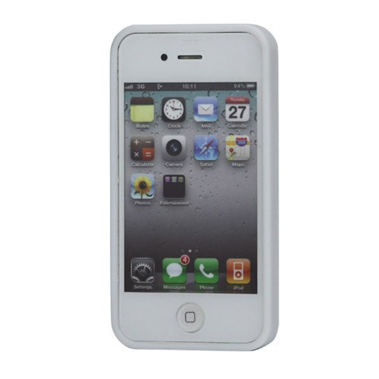 Ein weißes iPhone in einer weißen Hülle zeigt App-Symbole. Das Telefon befindet sich auf weißem Hintergrund.
