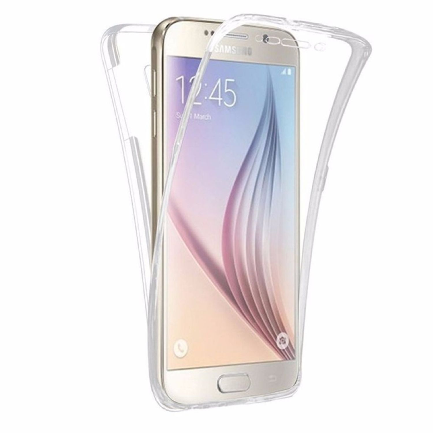Transparente Handyhülle um ein goldenes Telefon, das Telefon zeigend.