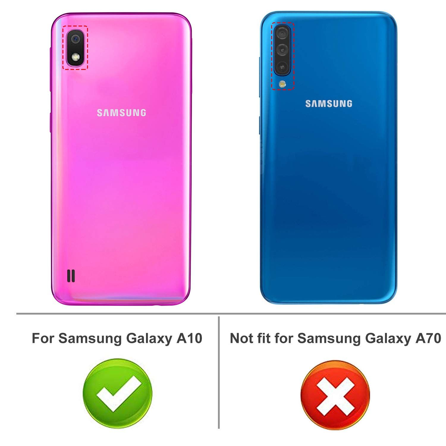 Zwei Smartphones, rosa und blau, mit Kompatibilitätskennzeichnungen. Weißer Hintergrund.