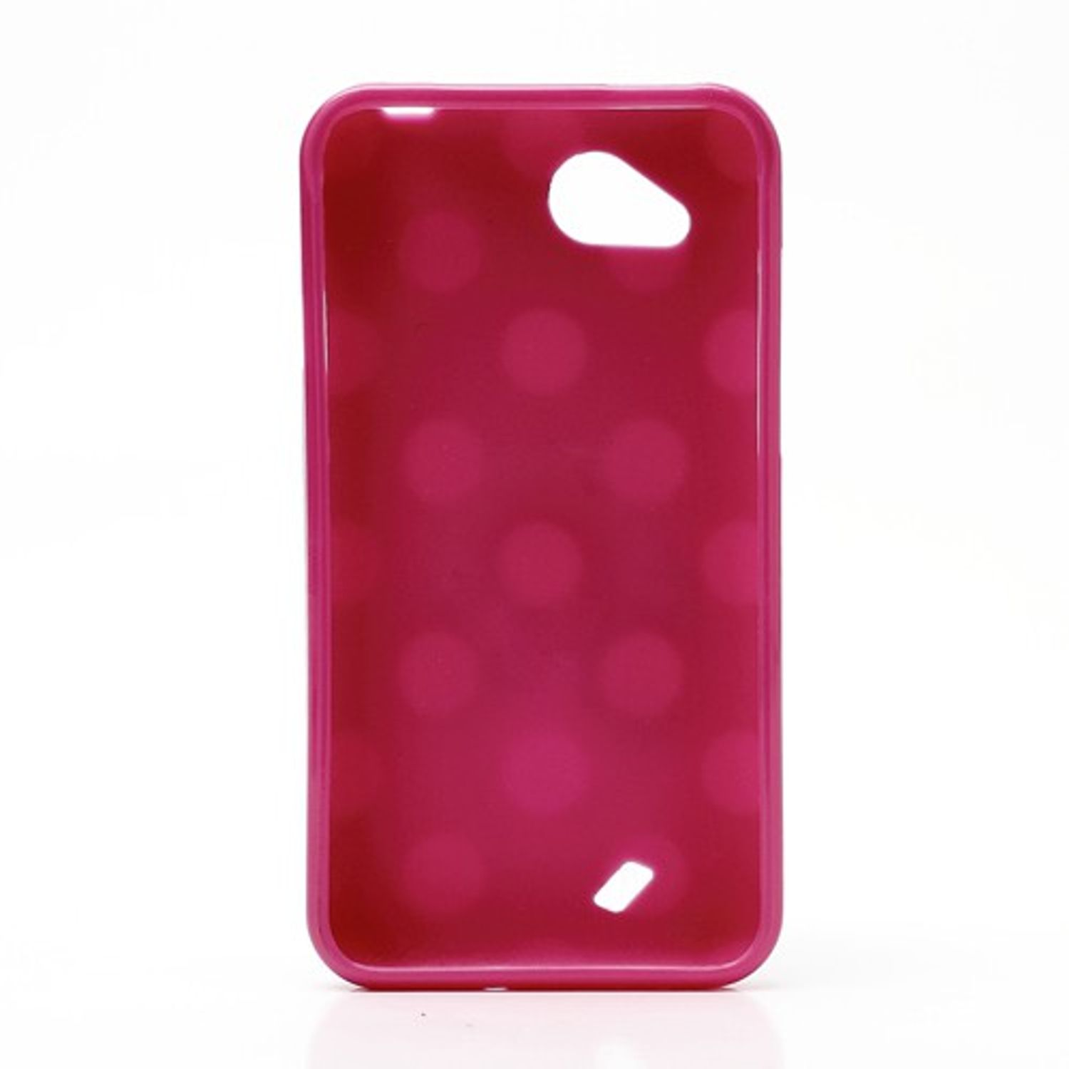 Rosa Handyhülle mit Polka-Dots. Die Hülle ist rosa mit weißen Polka-Dots.